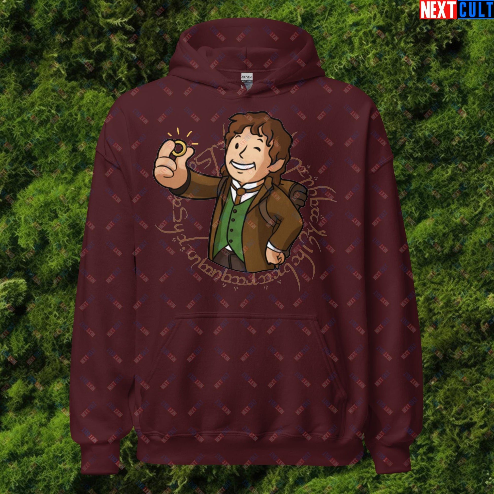 Bilboy Bilbo Baggins Lord of the Rings Vault Boy Fallout Funny Cartoon Mashup Unisex Hoodie Maroon Hoodies Fallout Lord of the Rings Movies Vault Boy Next Cult Brand