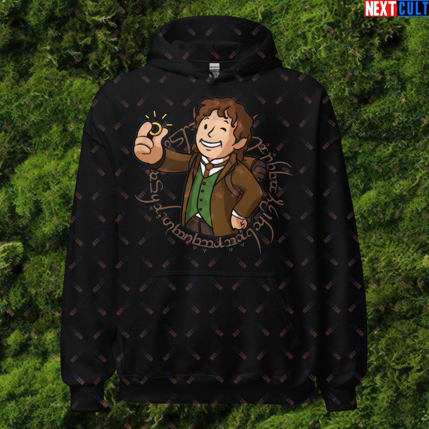 Bilboy Bilbo Baggins Lord of the Rings Vault Boy Fallout Funny Cartoon Mashup Unisex Hoodie Black Hoodies Fallout Lord of the Rings Movies Vault Boy Next Cult Brand