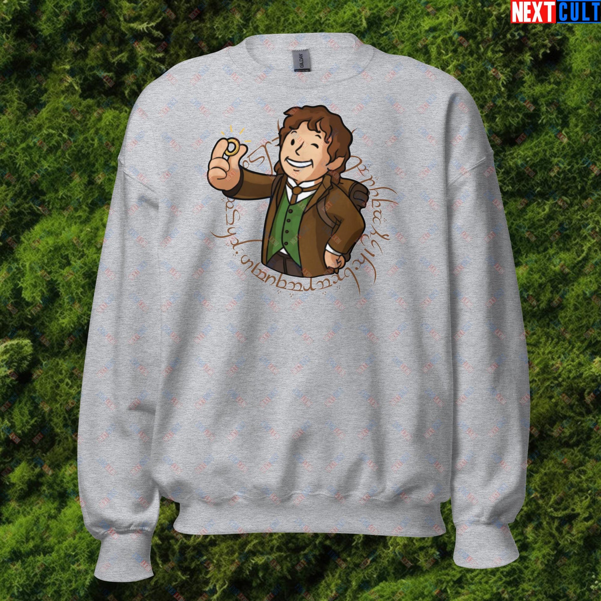 Bilboy Bilbo Baggins Lord of the Rings Vault Boy Fallout Funny Cartoon Mashup Unisex Sweatshirt Sport Grey Sweatshirts Fallout Lord of the Rings Movies Vault Boy Next Cult Brand