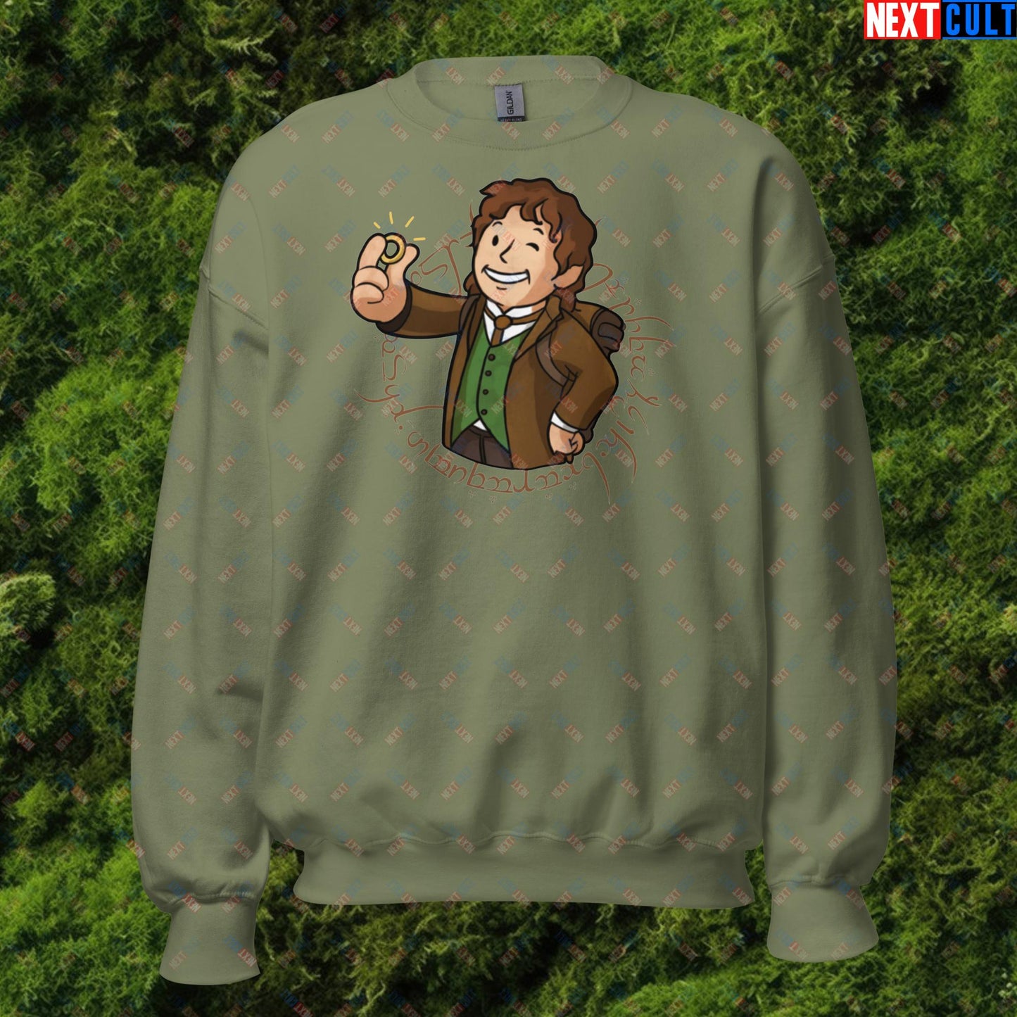 Bilboy Bilbo Baggins Lord of the Rings Vault Boy Fallout Funny Cartoon Mashup Unisex Sweatshirt Military Green Sweatshirts Fallout Lord of the Rings Movies Vault Boy Next Cult Brand