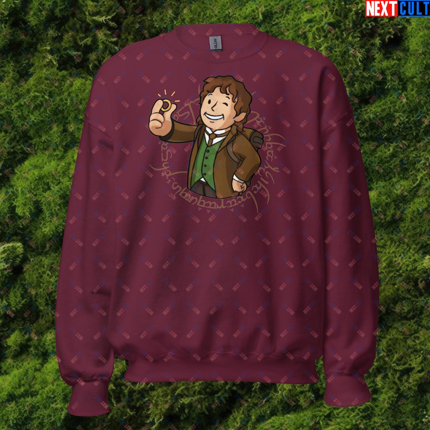 Bilboy Bilbo Baggins Lord of the Rings Vault Boy Fallout Funny Cartoon Mashup Unisex Sweatshirt Maroon Sweatshirts Fallout Lord of the Rings Movies Vault Boy Next Cult Brand