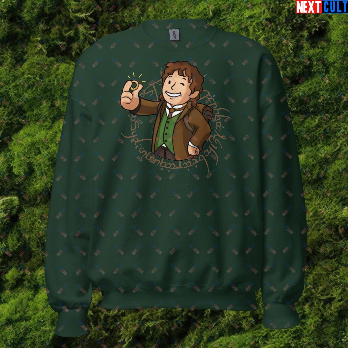 Bilboy Bilbo Baggins Lord of the Rings Vault Boy Fallout Funny Cartoon Mashup Unisex Sweatshirt Forest Green Sweatshirts Fallout Lord of the Rings Movies Vault Boy Next Cult Brand