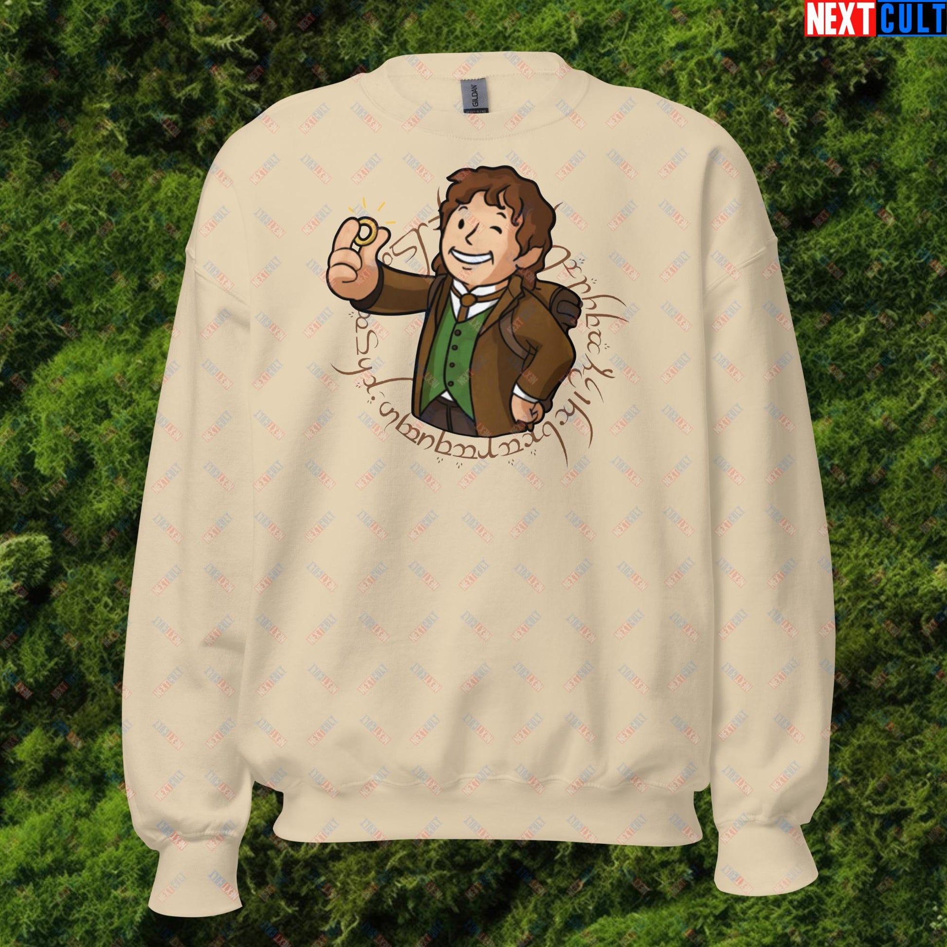 Bilboy Bilbo Baggins Lord of the Rings Vault Boy Fallout Funny Cartoon Mashup Unisex Sweatshirt Sand Sweatshirts Fallout Lord of the Rings Movies Vault Boy Next Cult Brand