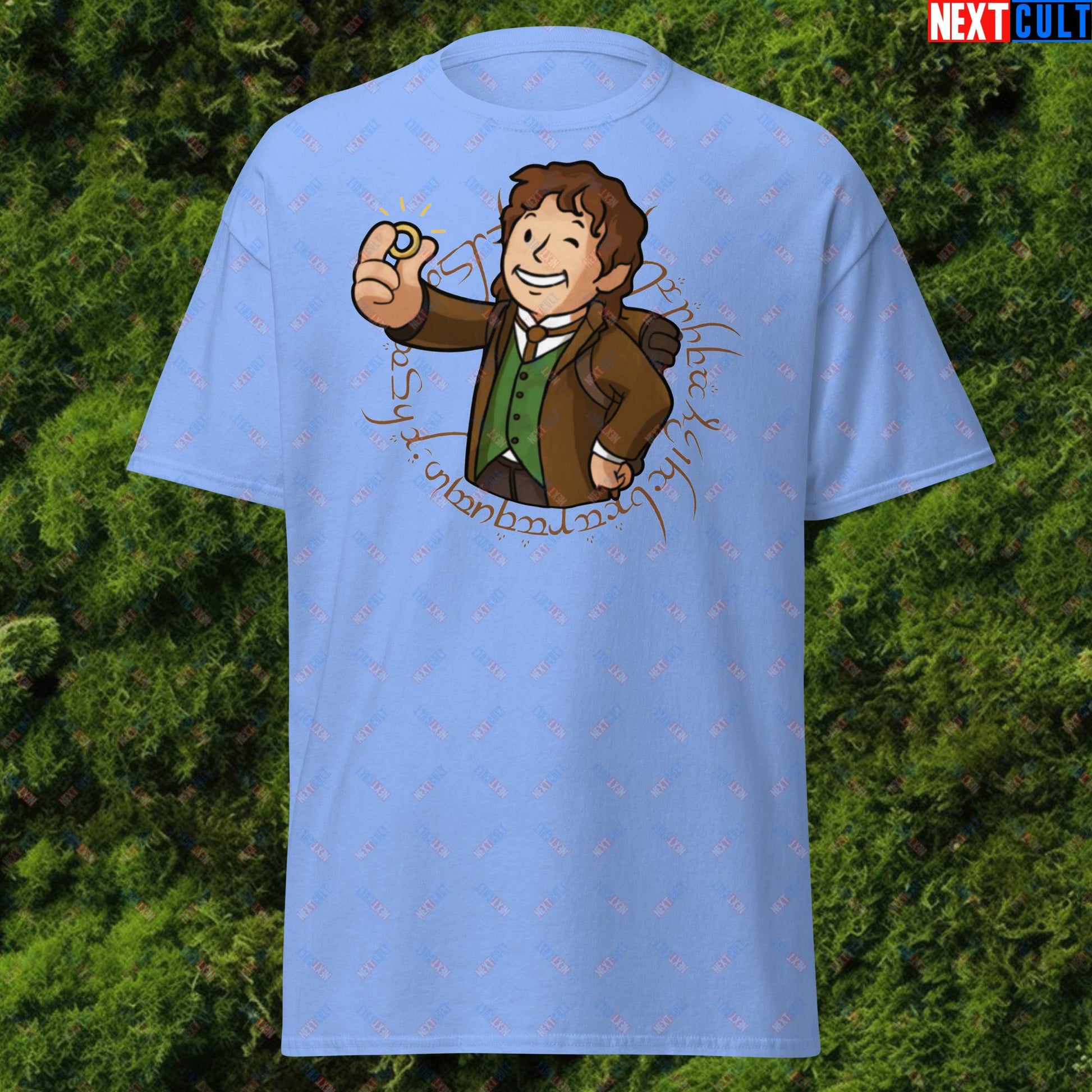 Bilboy Bilbo Baggins Lord of the Rings Vault Boy Fallout Funny Cartoon Mashup Unisex tee Carolina Blue T-shirts Fallout Lord of the Rings Movies Vault Boy Next Cult Brand