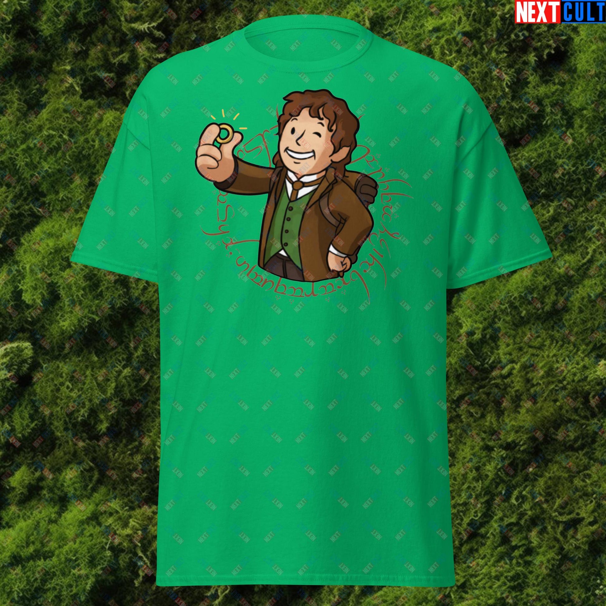 Bilboy Bilbo Baggins Lord of the Rings Vault Boy Fallout Funny Cartoon Mashup Unisex tee Irish Green T-shirts Fallout Lord of the Rings Movies Vault Boy Next Cult Brand