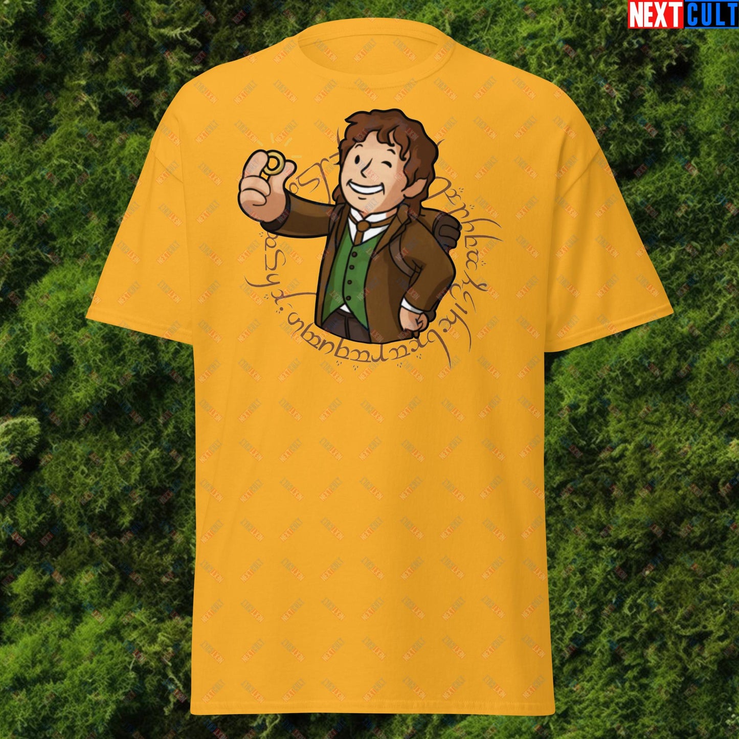 Bilboy Bilbo Baggins Lord of the Rings Vault Boy Fallout Funny Cartoon Mashup Unisex tee Gold T-shirts Fallout Lord of the Rings Movies Vault Boy Next Cult Brand