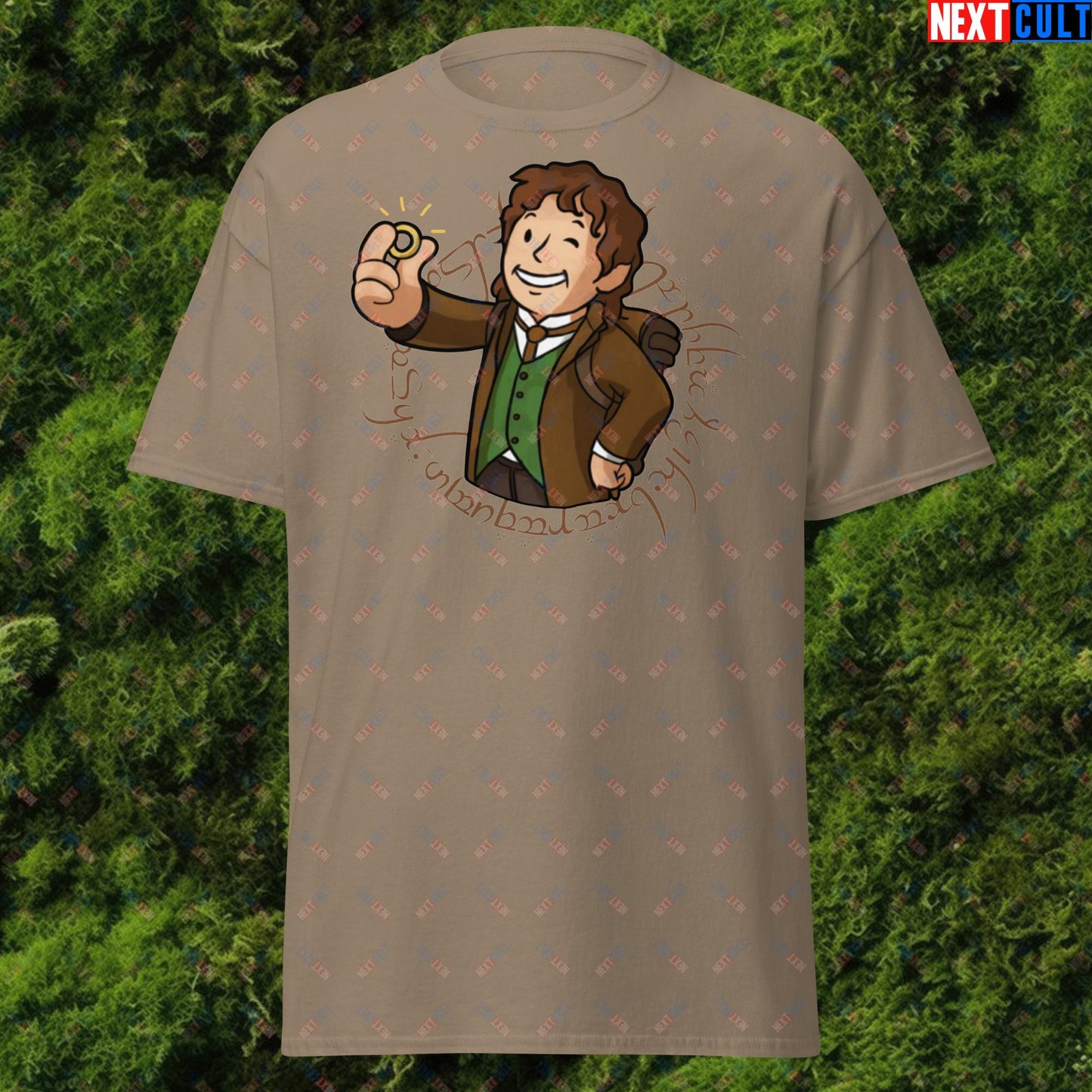 Bilboy Bilbo Baggins Lord of the Rings Vault Boy Fallout Funny Cartoon Mashup Unisex tee Brown Savana T-shirts Fallout Lord of the Rings Movies Vault Boy Next Cult Brand