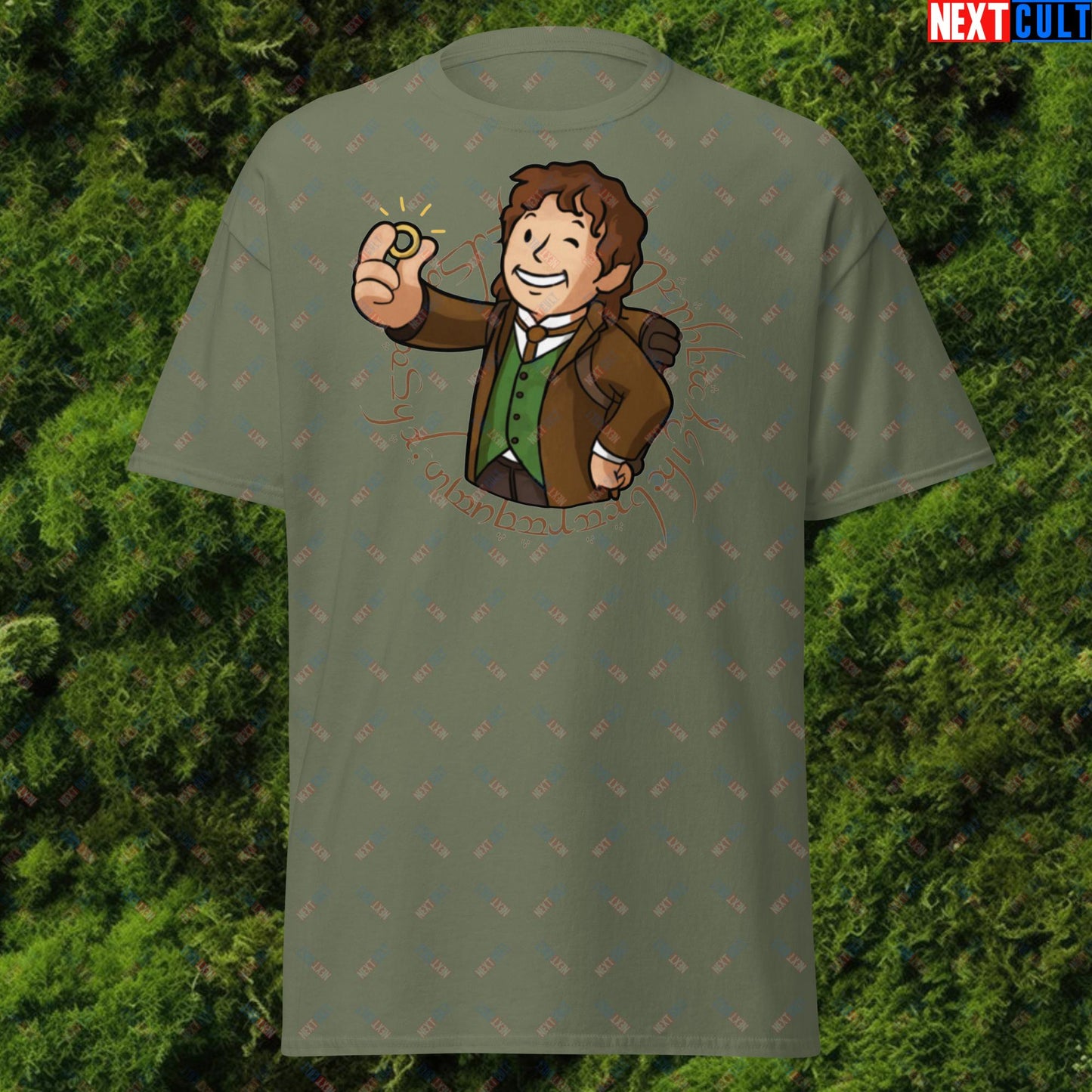 Bilboy Bilbo Baggins Lord of the Rings Vault Boy Fallout Funny Cartoon Mashup Unisex tee Military Green T-shirts Fallout Lord of the Rings Movies Vault Boy Next Cult Brand