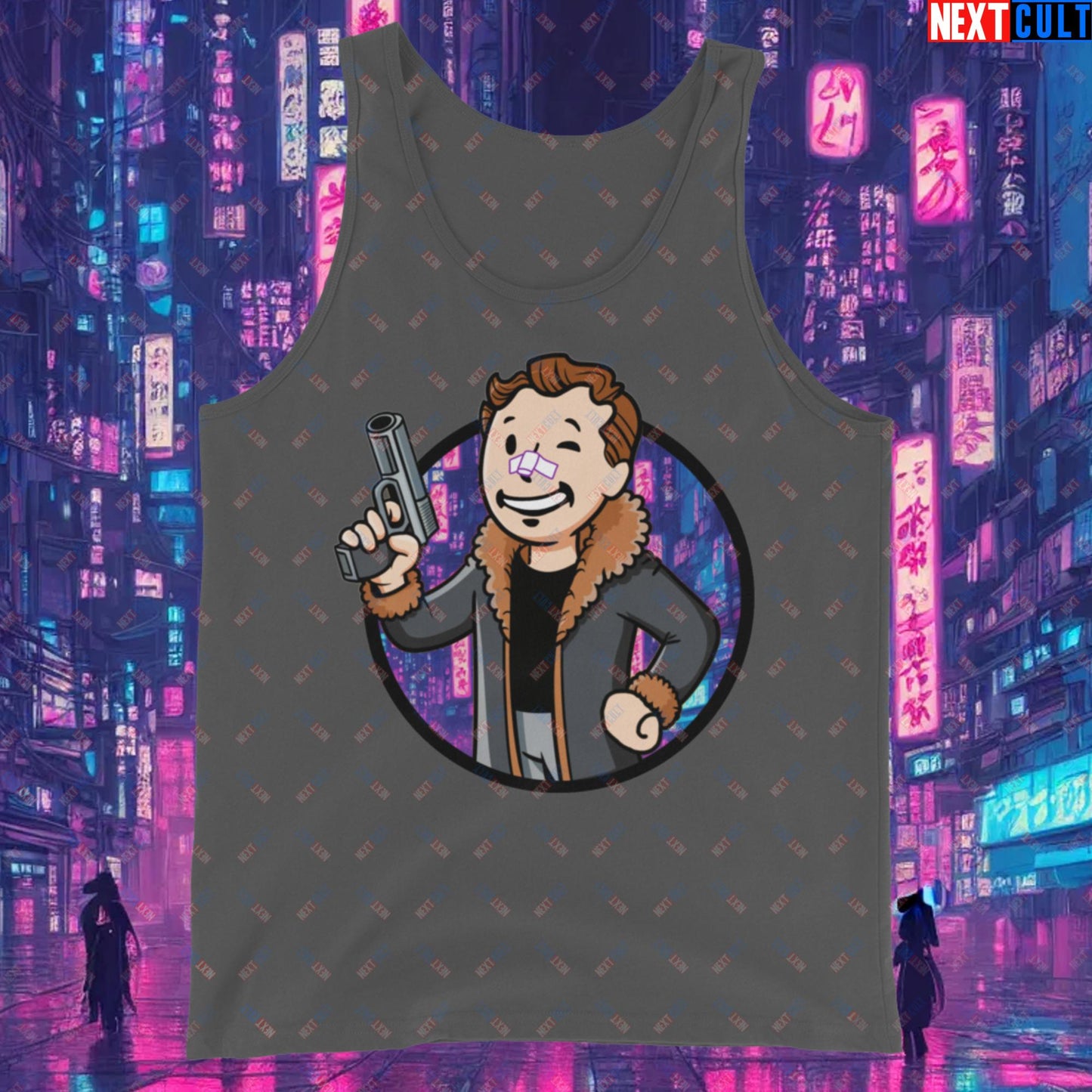 Blade Runner 2049 Ryan Gosling Vault Boy Fallout Funny Meme Cartoon Mashup Tank Top Asphalt Tank Tops Blade Runner Fallout Movies Ryan Gosling Vault Boy Next Cult Brand