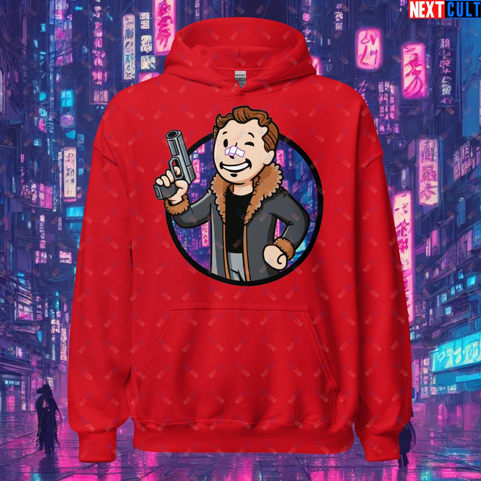 Blade Runner 2049 Ryan Gosling Vault Boy Fallout Funny Meme Cartoon Mashup Unisex Hoodie Red Hoodies Blade Runner Fallout Movies Ryan Gosling Vault Boy Next Cult Brand