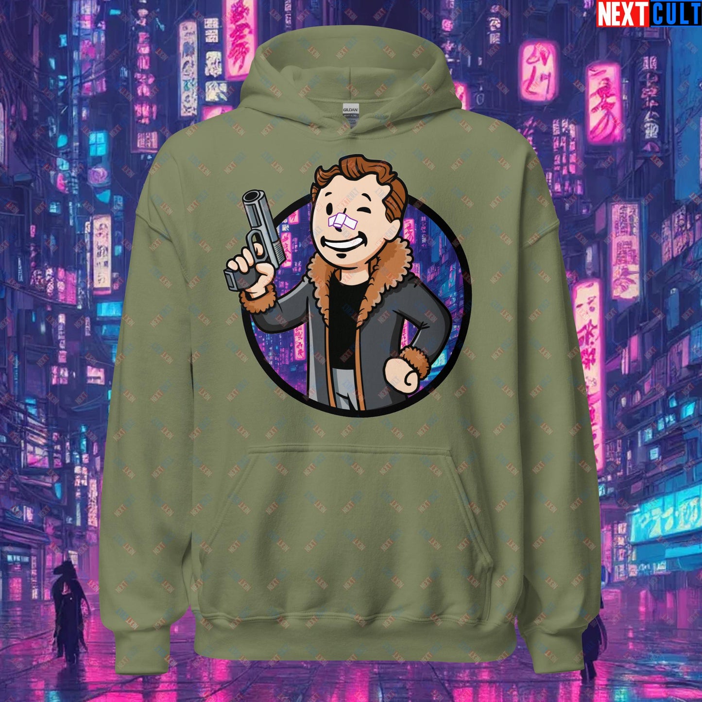 Blade Runner 2049 Ryan Gosling Vault Boy Fallout Funny Meme Cartoon Mashup Unisex Hoodie Military Green Hoodies Blade Runner Fallout Movies Ryan Gosling Vault Boy Next Cult Brand