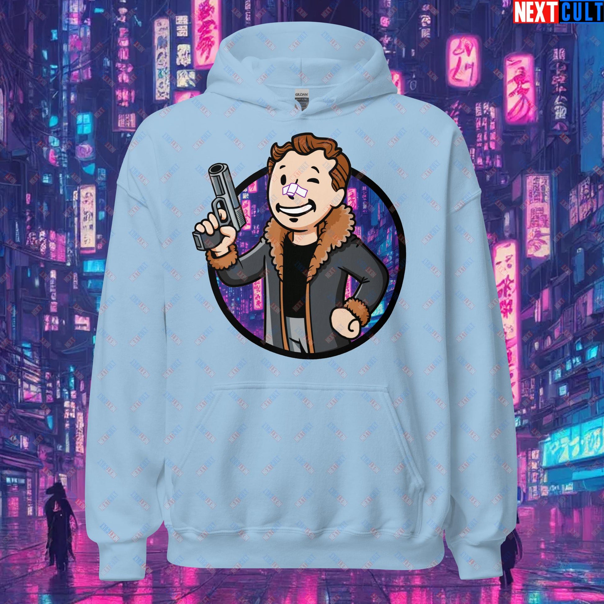 Blade Runner 2049 Ryan Gosling Vault Boy Fallout Funny Meme Cartoon Mashup Unisex Hoodie Light Blue Hoodies Blade Runner Fallout Movies Ryan Gosling Vault Boy Next Cult Brand