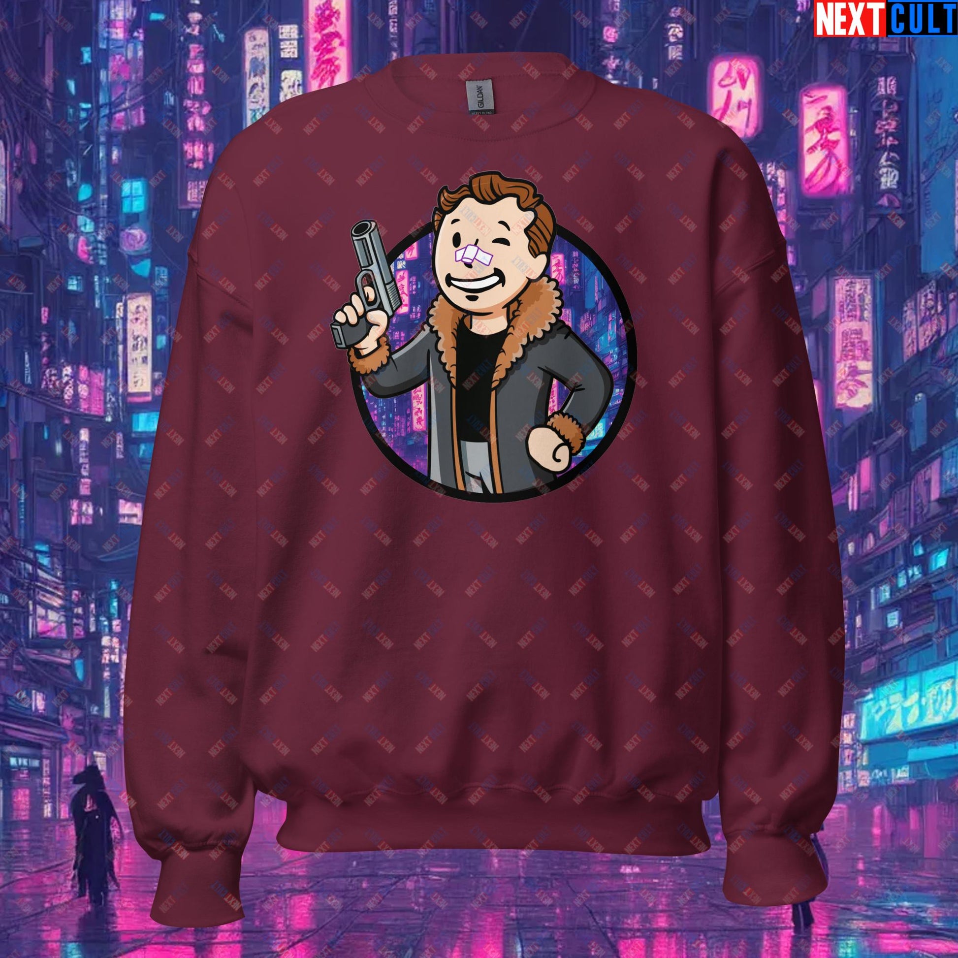 Blade Runner 2049 Ryan Gosling Vault Boy Fallout Funny Meme Cartoon Mashup Unisex Sweatshirt Maroon Sweatshirts Blade Runner Fallout Movies Ryan Gosling Vault Boy Next Cult Brand