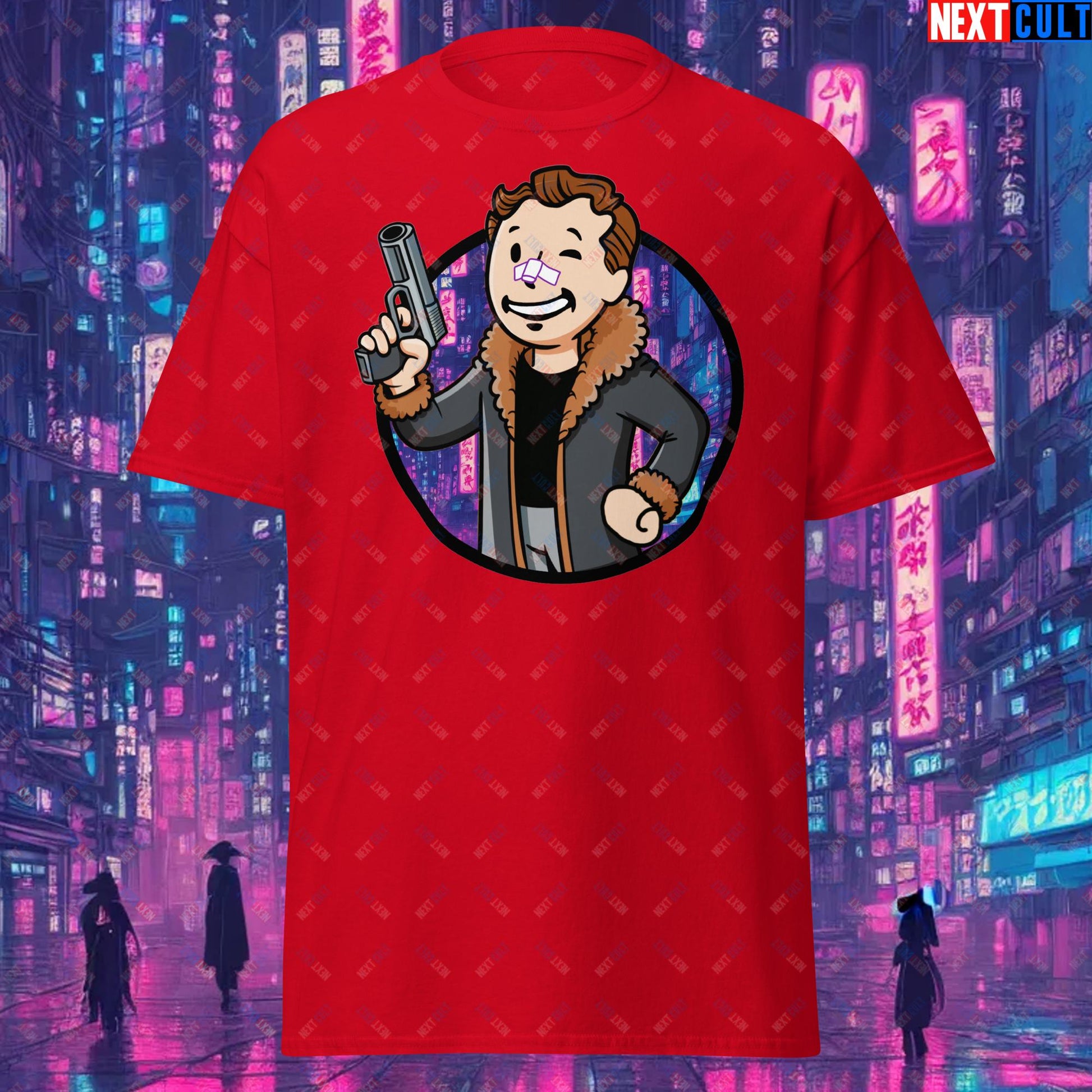 Blade Runner 2049 Ryan Gosling Vault Boy Fallout Funny Meme Cartoon Mashup Unisex tee Red T-shirts Blade Runner Fallout Movies Ryan Gosling Vault Boy Next Cult Brand