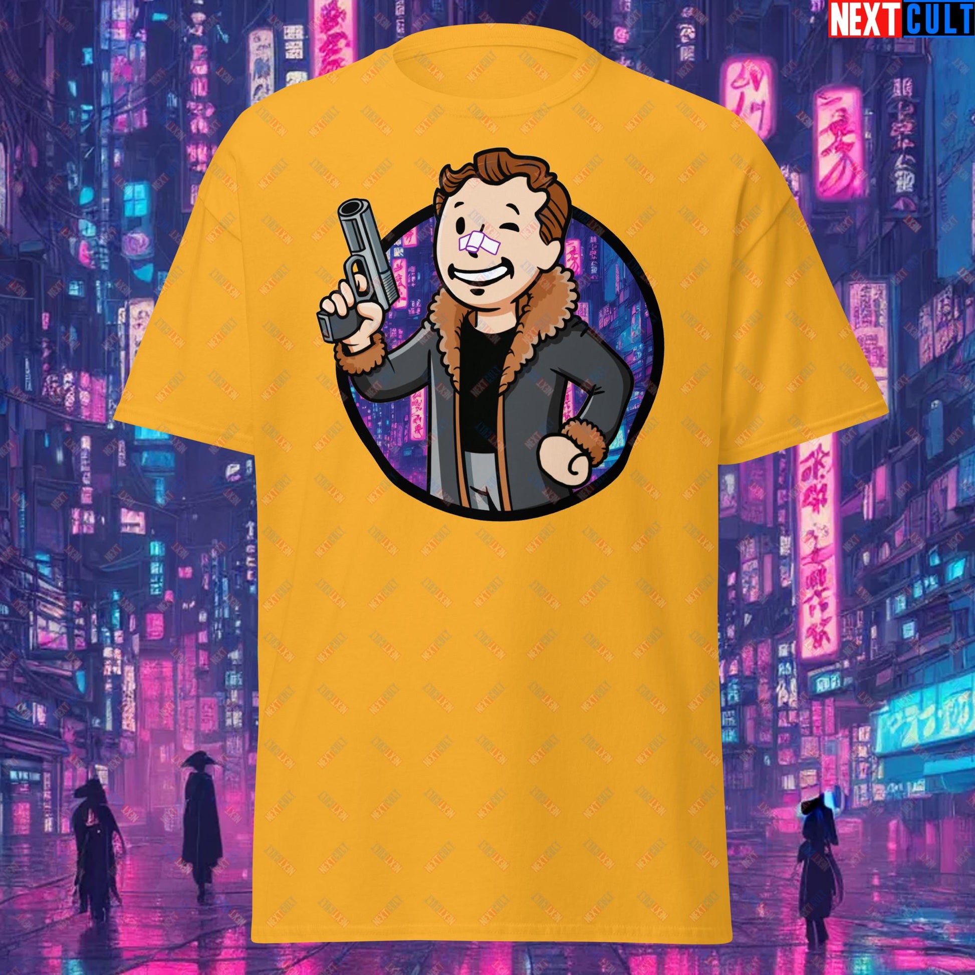 Blade Runner 2049 Ryan Gosling Vault Boy Fallout Funny Meme Cartoon Mashup Unisex tee Gold T-shirts Blade Runner Fallout Movies Ryan Gosling Vault Boy Next Cult Brand