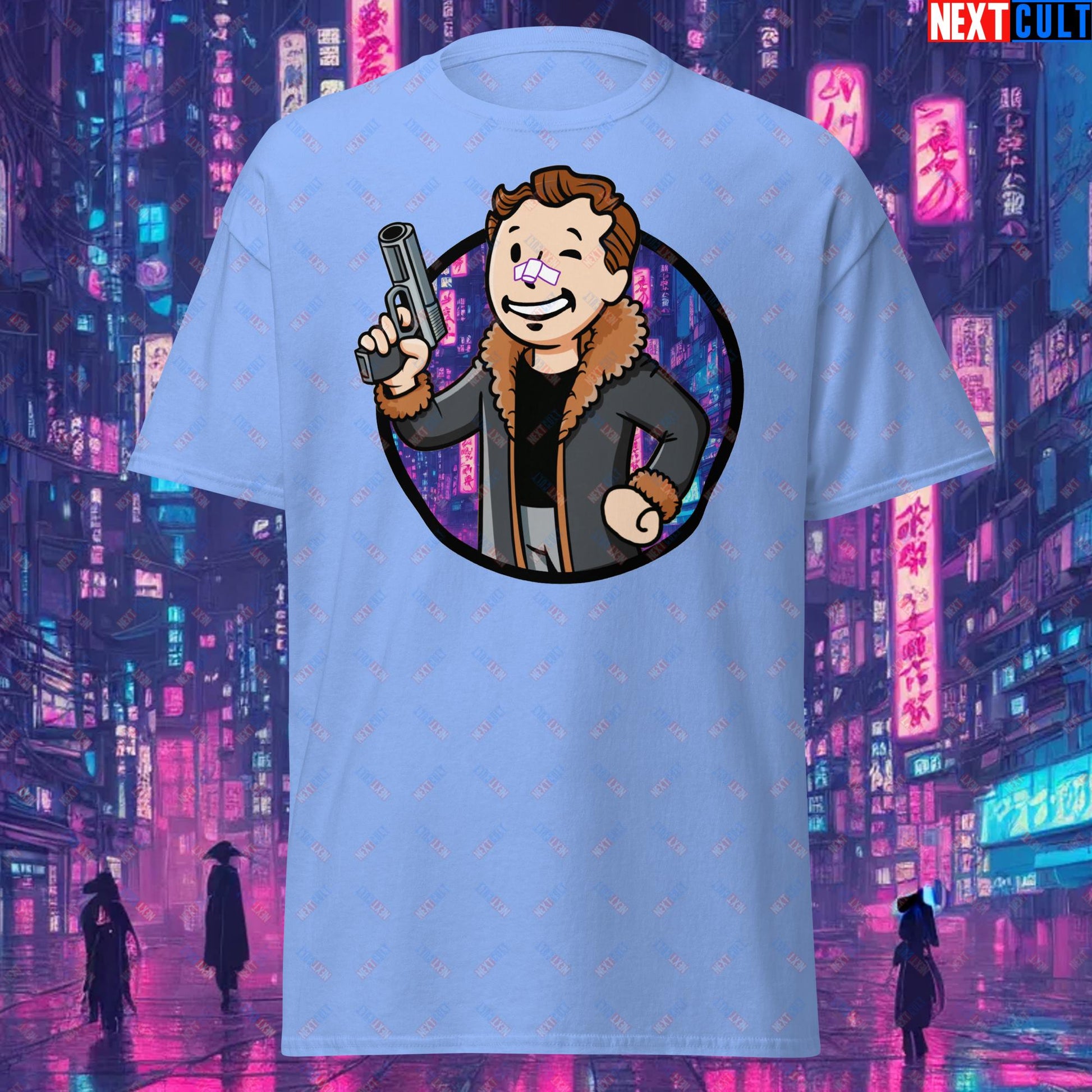 Blade Runner 2049 Ryan Gosling Vault Boy Fallout Funny Meme Cartoon Mashup Unisex tee Carolina Blue T-shirts Blade Runner Fallout Movies Ryan Gosling Vault Boy Next Cult Brand