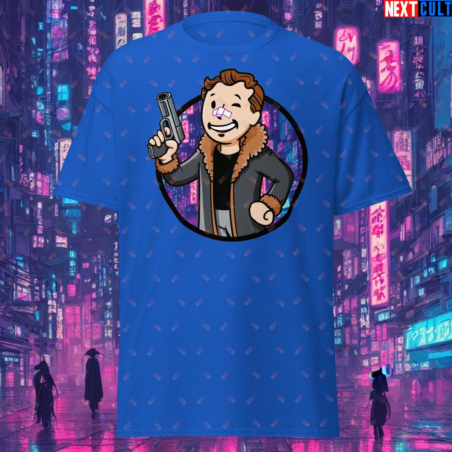 Blade Runner 2049 Ryan Gosling Vault Boy Fallout Funny Meme Cartoon Mashup Unisex tee Royal T-shirts Blade Runner Fallout Movies Ryan Gosling Vault Boy Next Cult Brand