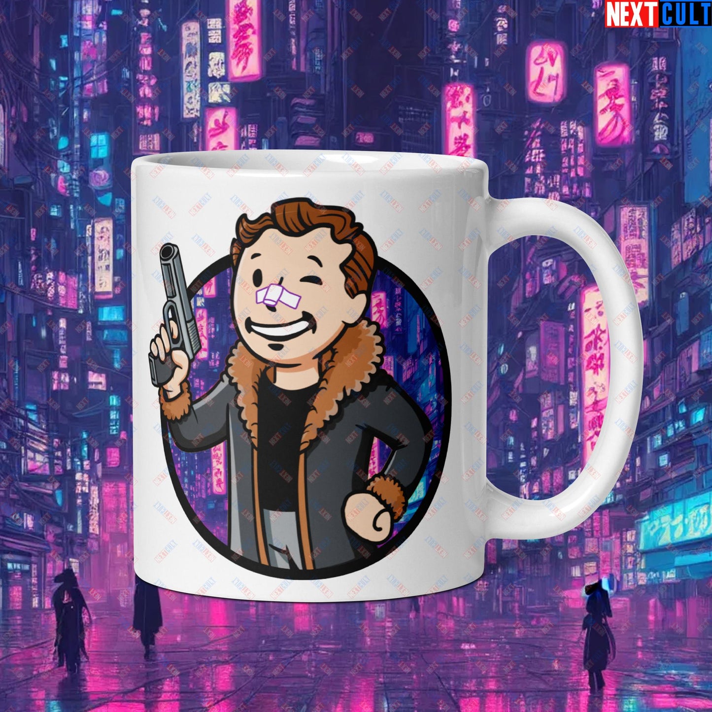 Blade Runner 2049 Ryan Gosling Vault Boy Fallout Funny Meme Cartoon Mashup White glossy mug Next Cult Brand