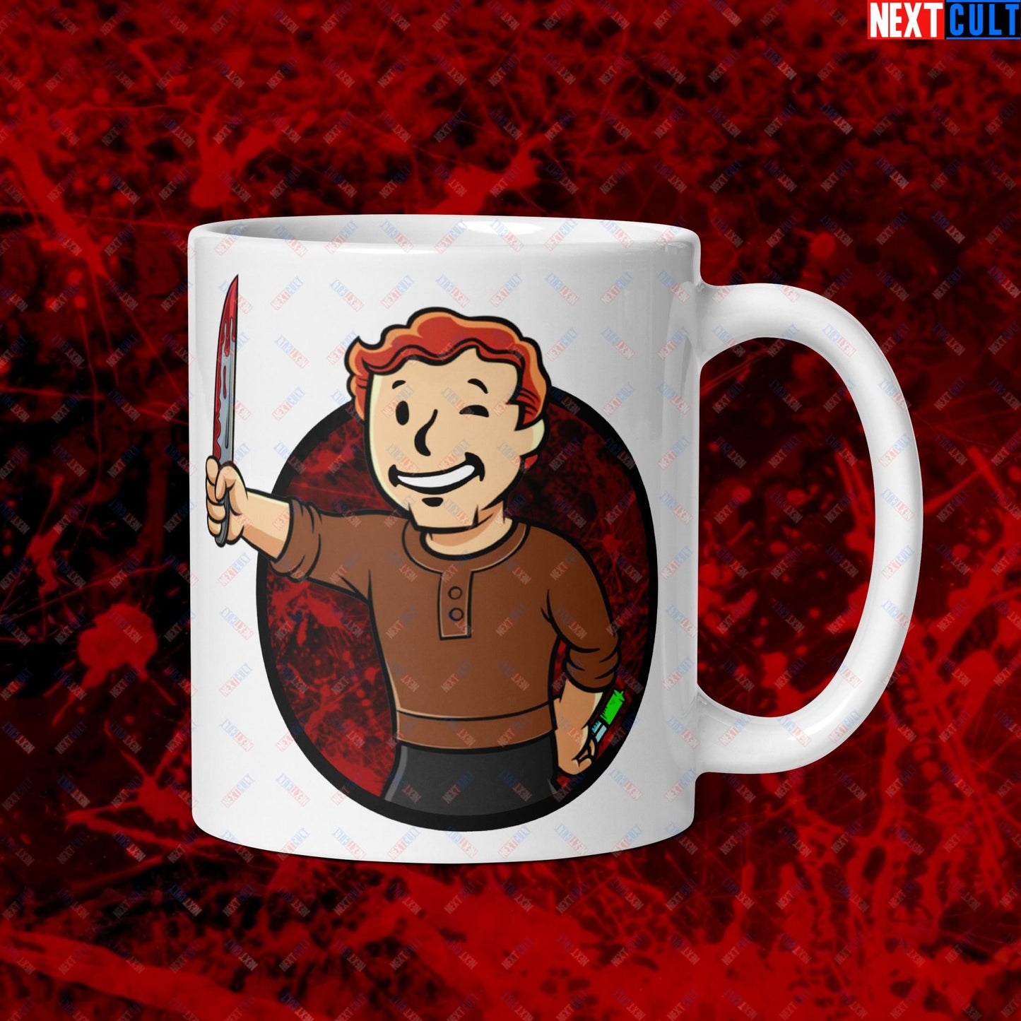 Blood Boy Dexter Morgan Vault Boy Fallout Funny Meme Cartoon Mashup White glossy mug Next Cult Brand