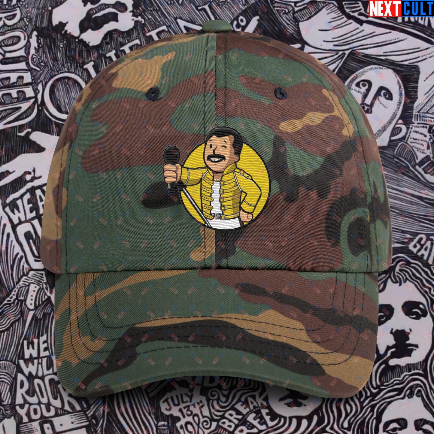 Bohemian Boy Freddie Mercury Queen Vault Boy Fallout Funny Meme Cartoon Mashup Dad hat Green Camo Hats Fallout Freddie Mercury Music Queen Vault Boy Next Cult Brand