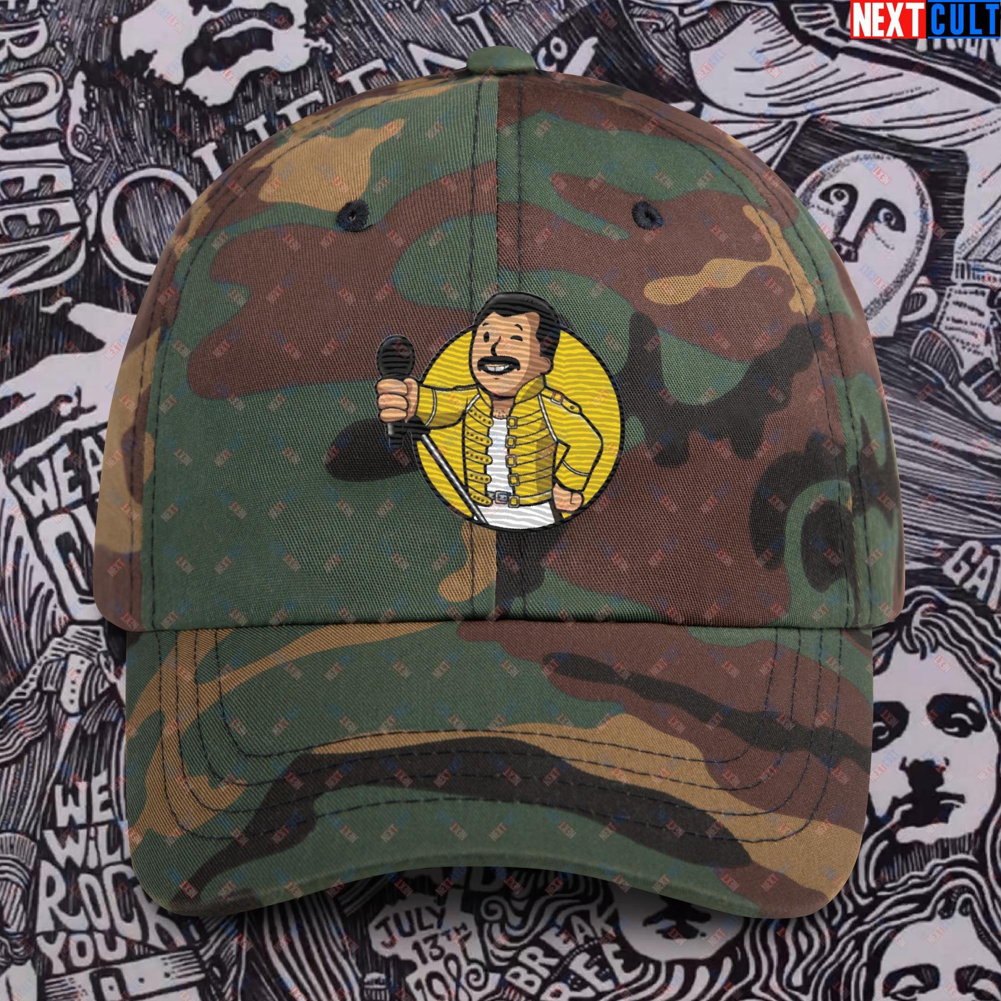 Bohemian Boy Freddie Mercury Queen Vault Boy Fallout Funny Meme Cartoon Mashup Dad hat Green Camo Hats Fallout Freddie Mercury Music Queen Vault Boy Next Cult Brand