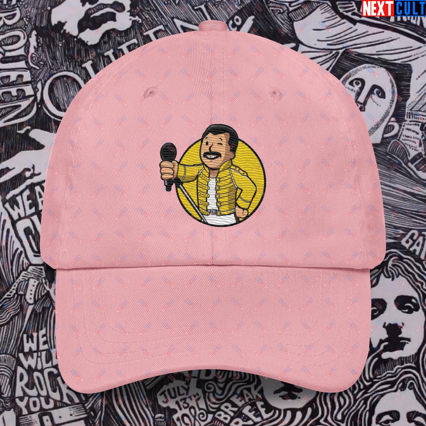 Bohemian Boy Freddie Mercury Queen Vault Boy Fallout Funny Meme Cartoon Mashup Dad hat Pink Hats Fallout Freddie Mercury Music Queen Vault Boy Next Cult Brand