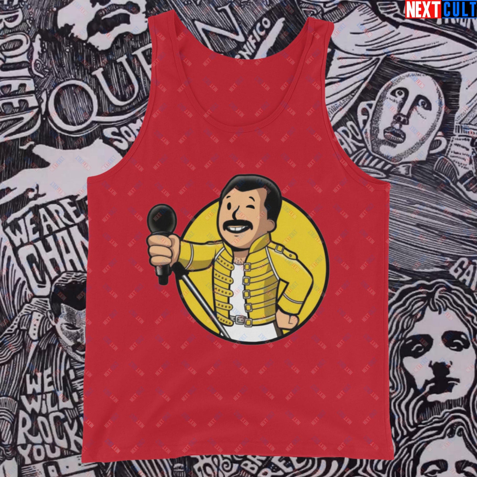 Bohemian Boy Freddie Mercury Queen Vault Boy Fallout Funny Meme Cartoon Mashup Tank Top Red Tank Tops Fallout Freddie Mercury Music Queen Vault Boy Next Cult Brand