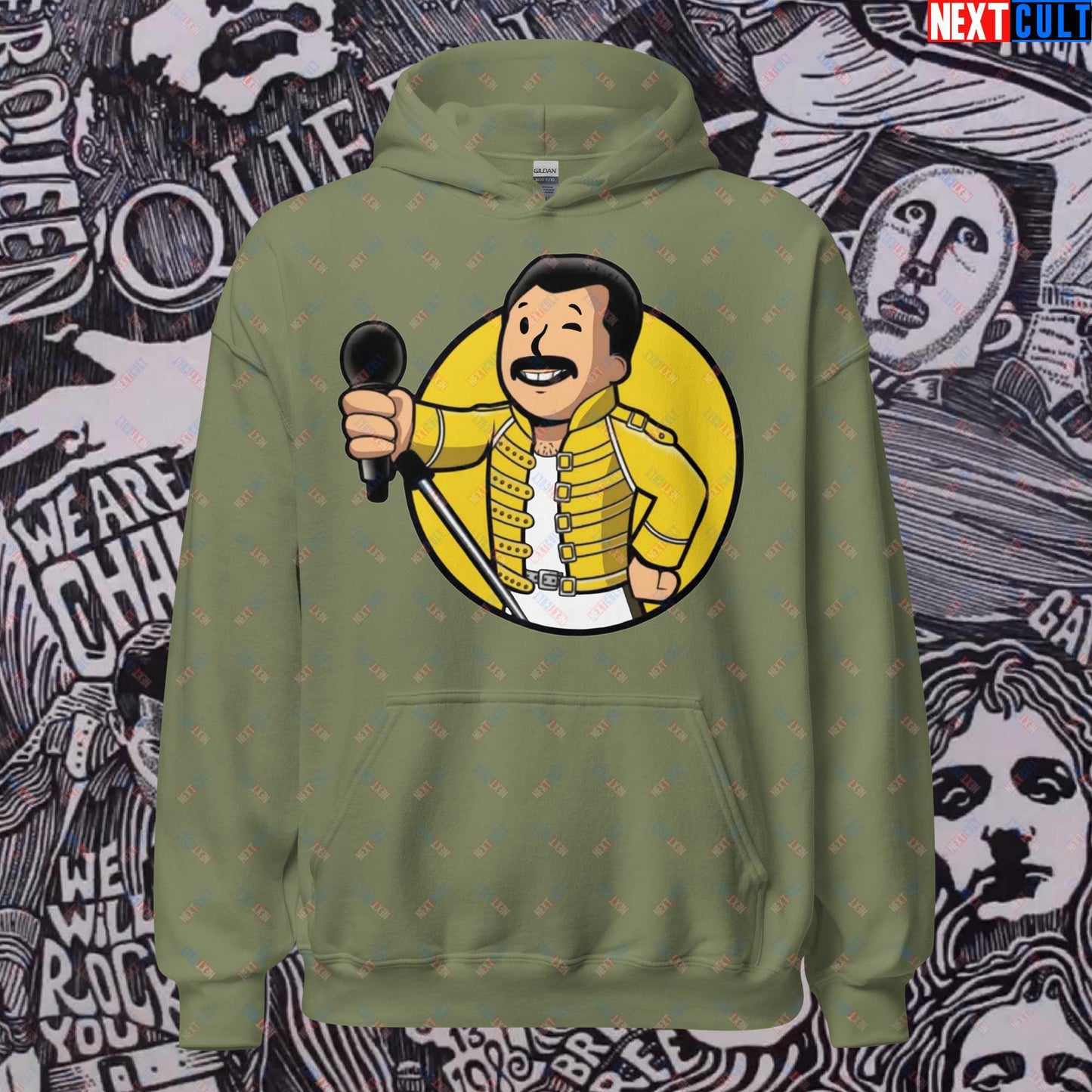 Bohemian Boy Freddie Mercury Queen Vault Boy Fallout Funny Meme Cartoon Mashup Unisex Hoodie Military Green Hoodies Fallout Freddie Mercury Music Queen Vault Boy Next Cult Brand