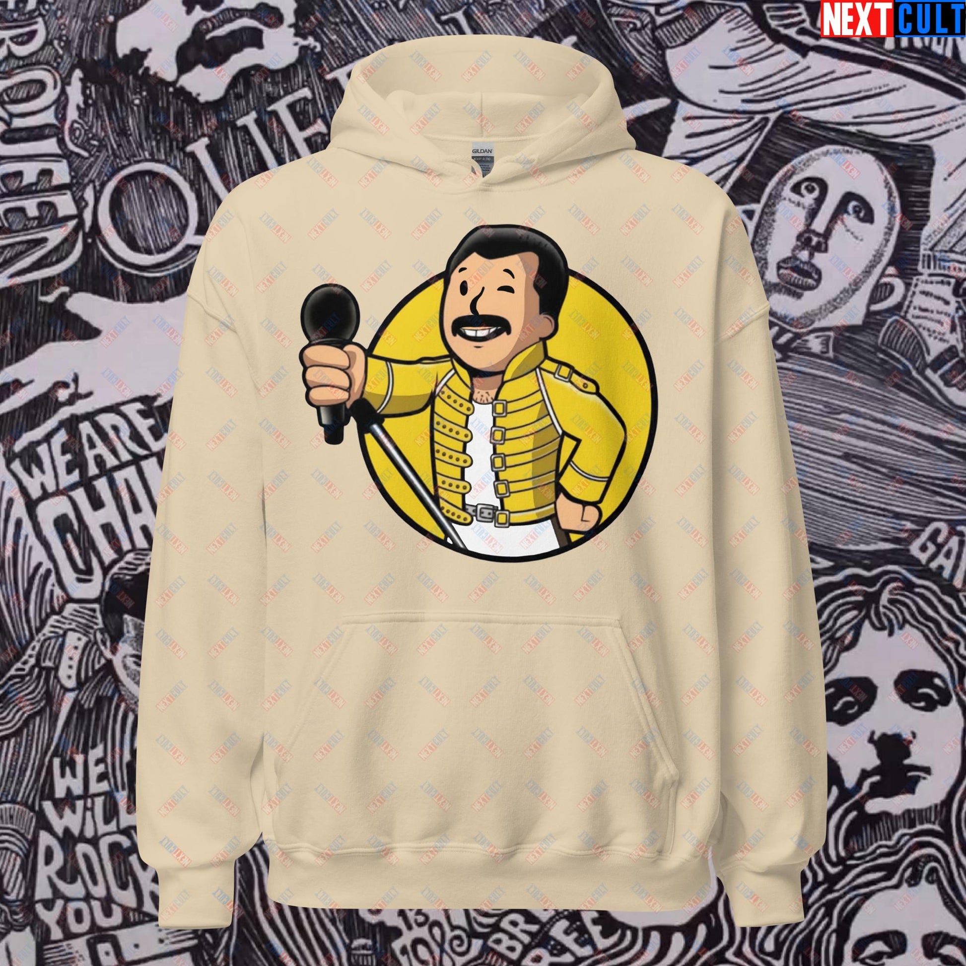 Bohemian Boy Freddie Mercury Queen Vault Boy Fallout Funny Meme Cartoon Mashup Unisex Hoodie Sand Hoodies Fallout Freddie Mercury Music Queen Vault Boy Next Cult Brand