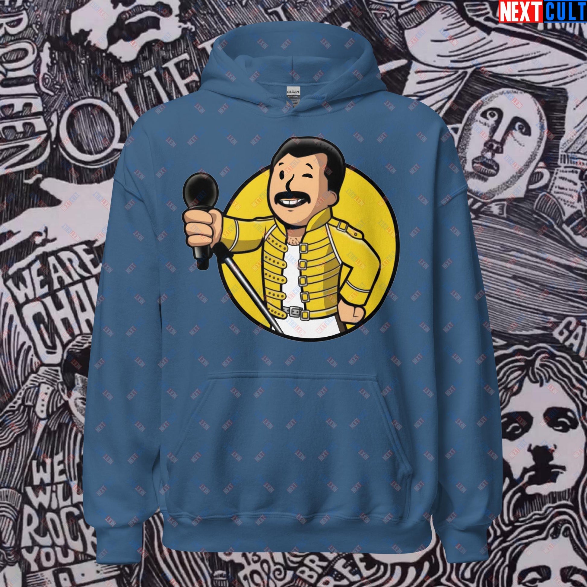 Bohemian Boy Freddie Mercury Queen Vault Boy Fallout Funny Meme Cartoon Mashup Unisex Hoodie Indigo Blue Hoodies Fallout Freddie Mercury Music Queen Vault Boy Next Cult Brand