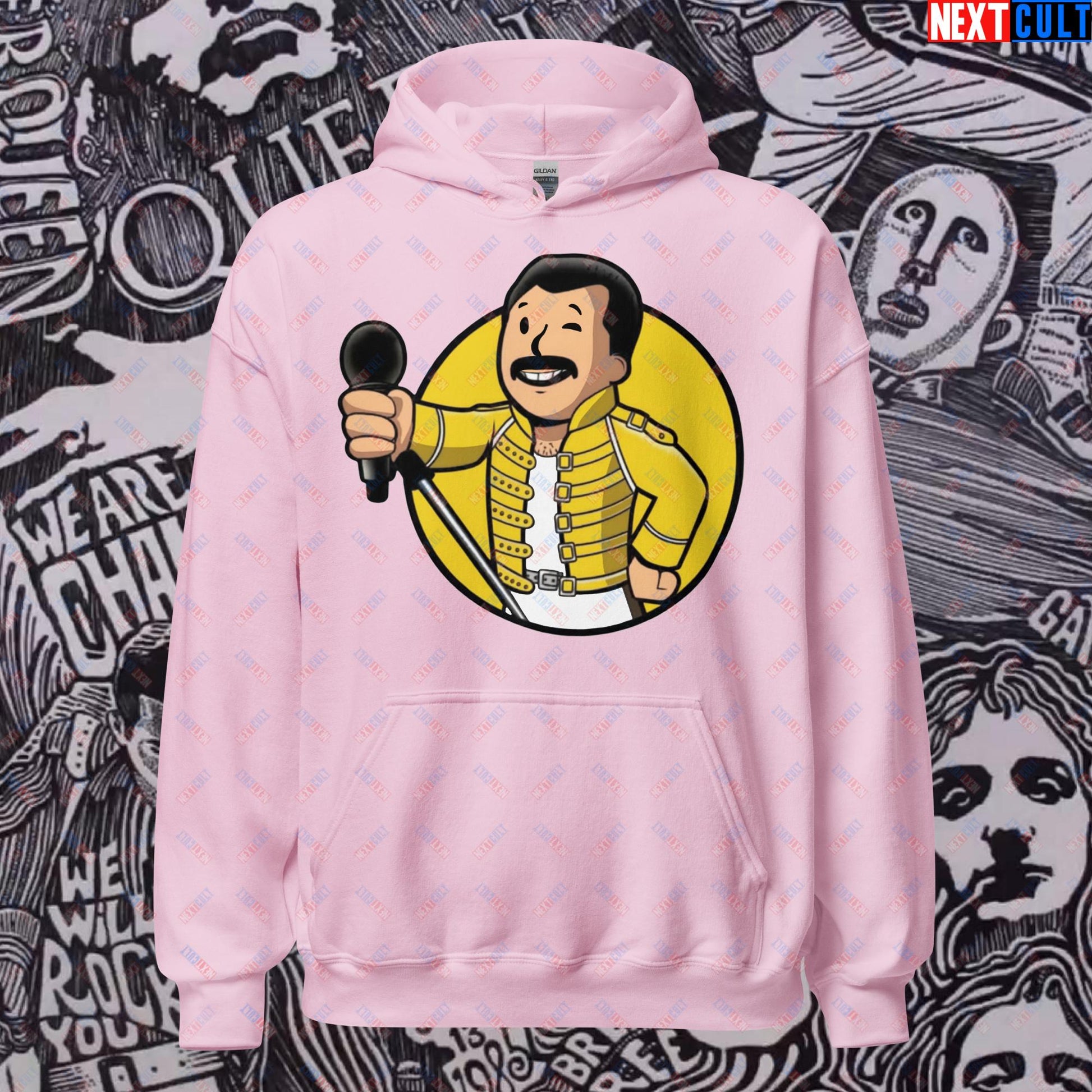 Bohemian Boy Freddie Mercury Queen Vault Boy Fallout Funny Meme Cartoon Mashup Unisex Hoodie Light Pink Hoodies Fallout Freddie Mercury Music Queen Vault Boy Next Cult Brand