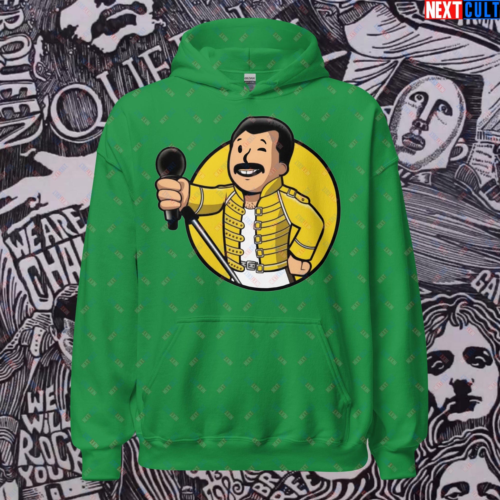 Bohemian Boy Freddie Mercury Queen Vault Boy Fallout Funny Meme Cartoon Mashup Unisex Hoodie Irish Green Hoodies Fallout Freddie Mercury Music Queen Vault Boy Next Cult Brand