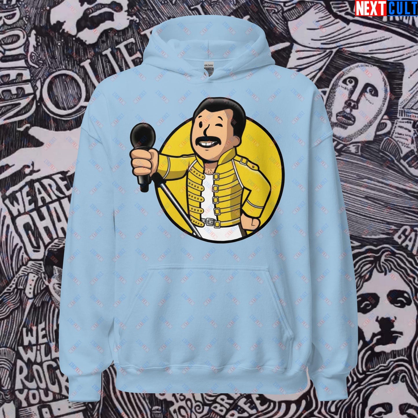 Bohemian Boy Freddie Mercury Queen Vault Boy Fallout Funny Meme Cartoon Mashup Unisex Hoodie Light Blue Hoodies Fallout Freddie Mercury Music Queen Vault Boy Next Cult Brand