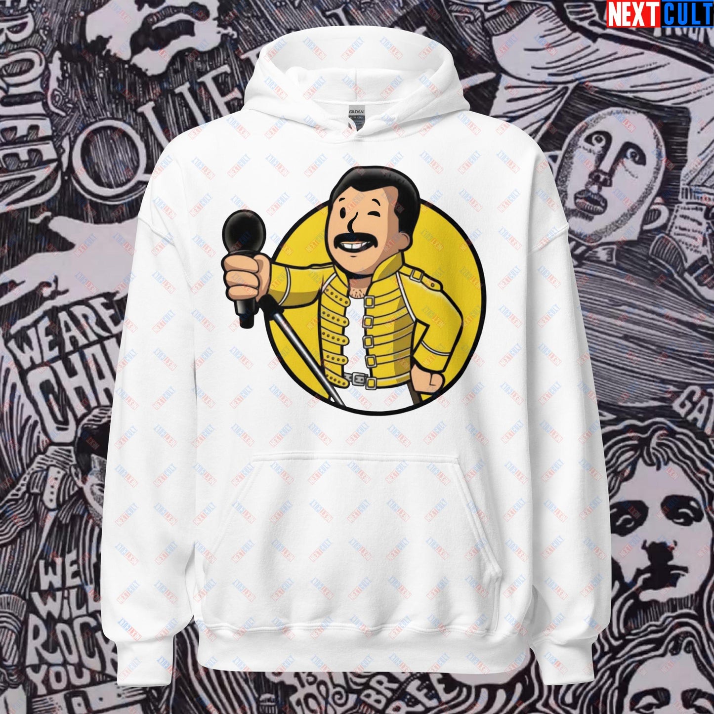 Bohemian Boy Freddie Mercury Queen Vault Boy Fallout Funny Meme Cartoon Mashup Unisex Hoodie White Hoodies Fallout Freddie Mercury Music Queen Vault Boy Next Cult Brand