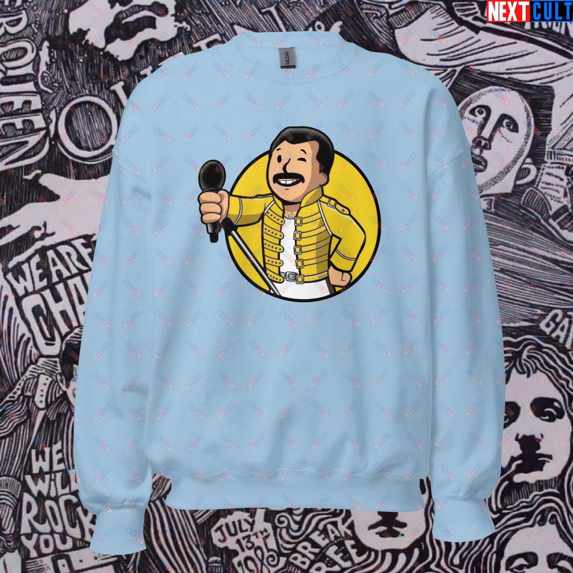 Bohemian Boy Freddie Mercury Queen Vault Boy Fallout Funny Meme Cartoon Mashup Unisex Sweatshirt Light Blue Sweatshirts Fallout Freddie Mercury Music Queen Vault Boy Next Cult Brand