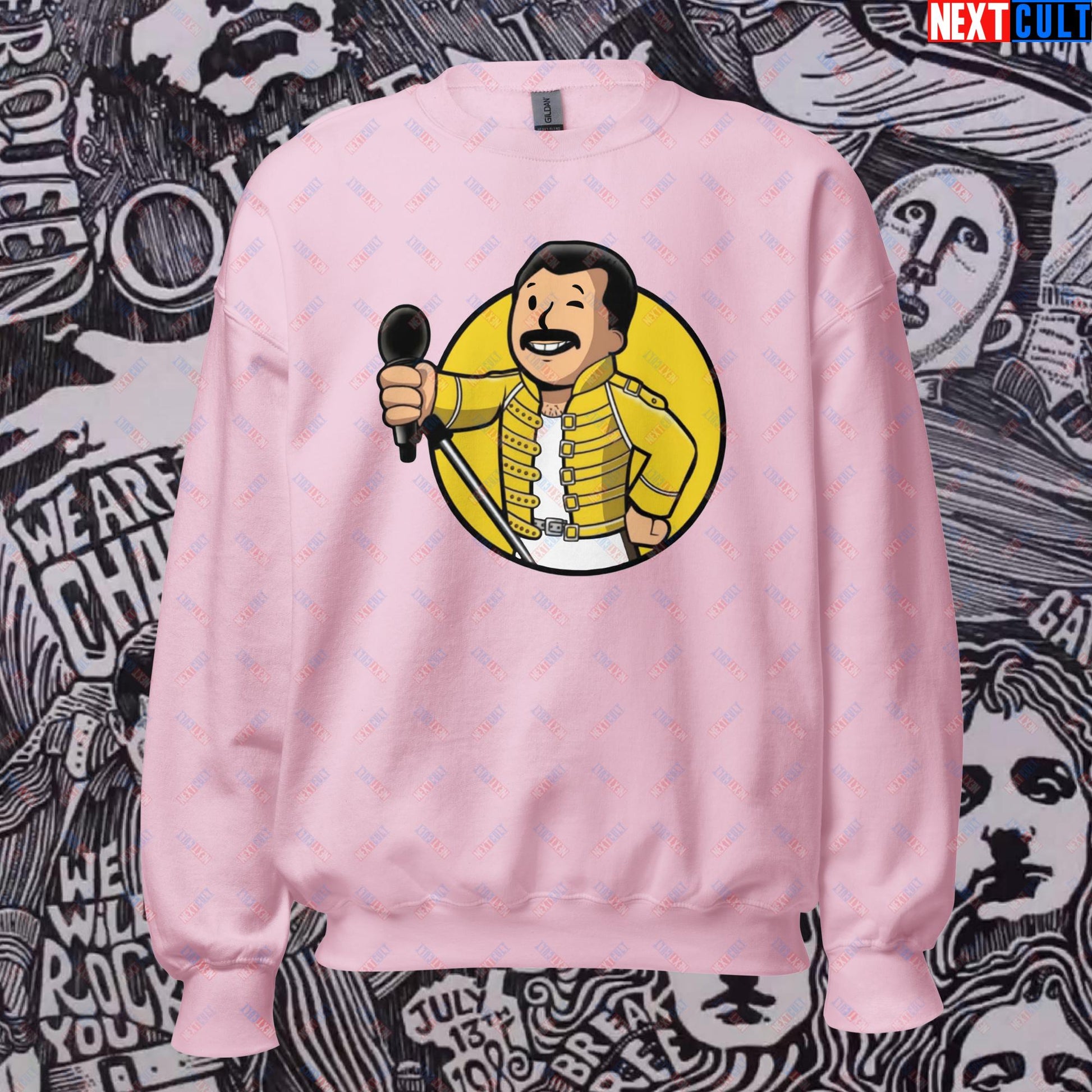 Bohemian Boy Freddie Mercury Queen Vault Boy Fallout Funny Meme Cartoon Mashup Unisex Sweatshirt Light Pink Sweatshirts Fallout Freddie Mercury Music Queen Vault Boy Next Cult Brand