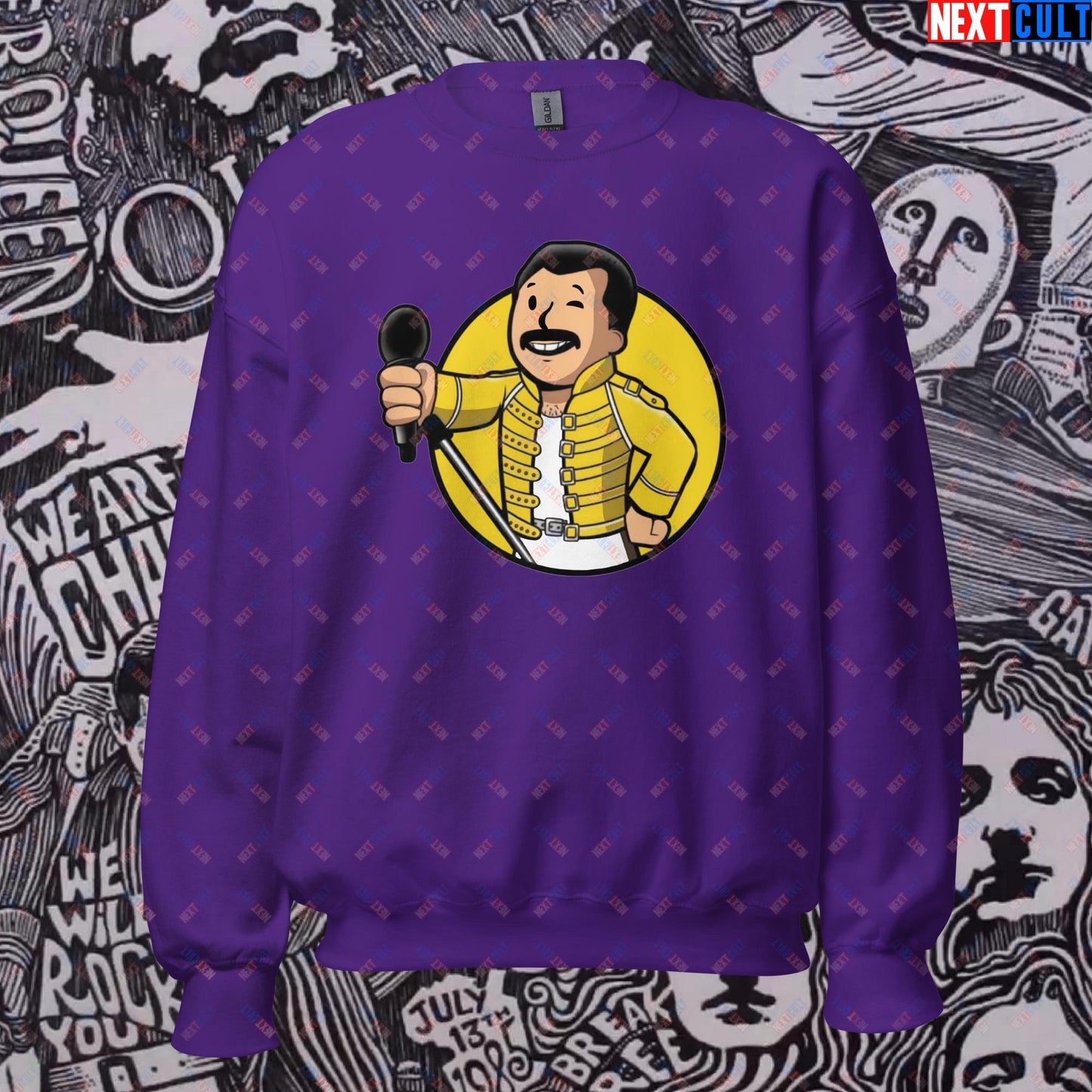 Bohemian Boy Freddie Mercury Queen Vault Boy Fallout Funny Meme Cartoon Mashup Unisex Sweatshirt Purple Sweatshirts Fallout Freddie Mercury Music Queen Vault Boy Next Cult Brand