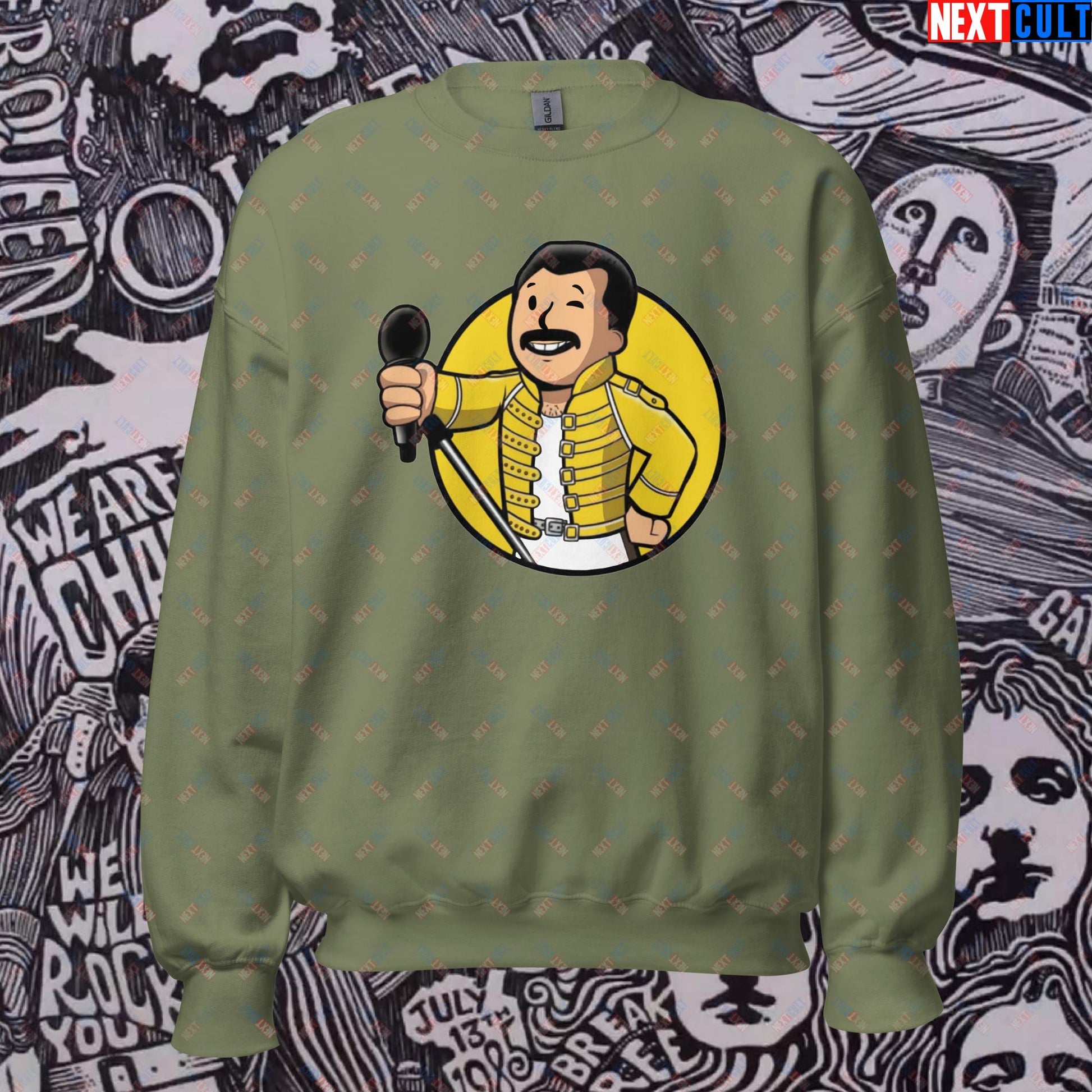 Bohemian Boy Freddie Mercury Queen Vault Boy Fallout Funny Meme Cartoon Mashup Unisex Sweatshirt Military Green Sweatshirts Fallout Freddie Mercury Music Queen Vault Boy Next Cult Brand