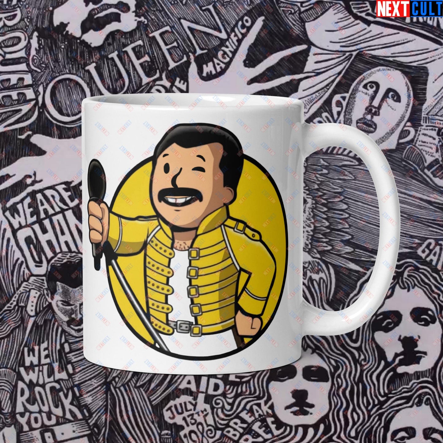 Bohemian Boy Freddie Mercury Queen Vault Boy Fallout Funny Meme Cartoon Mashup White glossy mug Default Title Mugs Fallout Freddie Mercury Music Queen Vault Boy Next Cult Brand