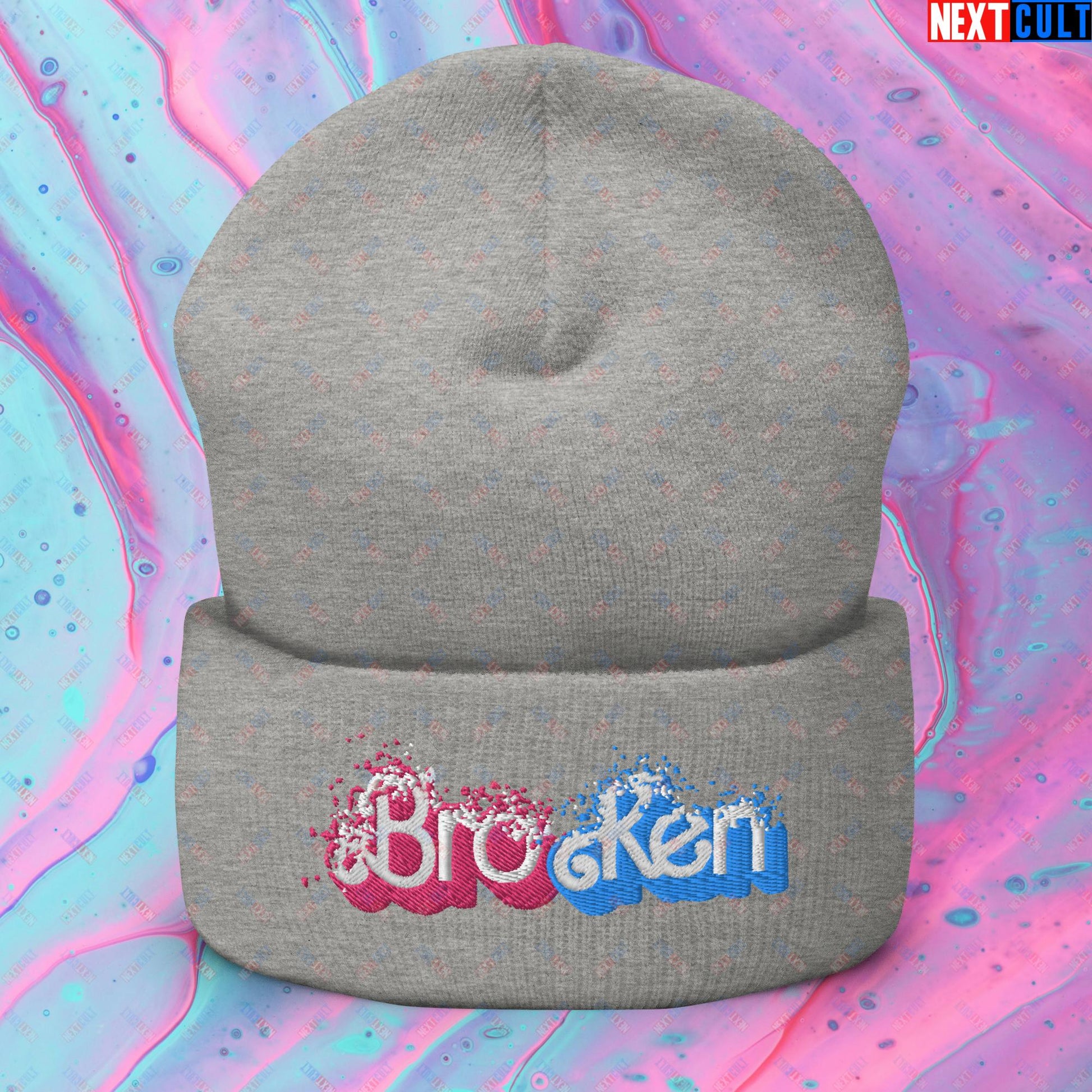 BroKen Funny Ken Barbie Movie Cuffed Beanie Heather Grey Hats Barbie Ken Movies Next Cult Brand