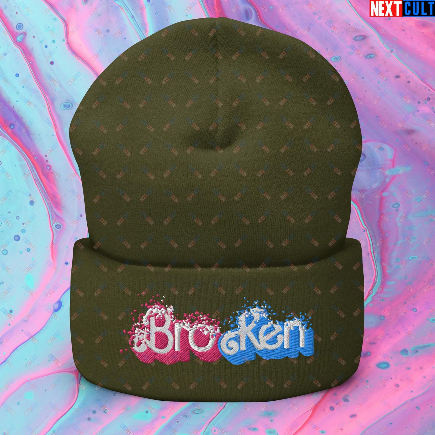 BroKen Funny Ken Barbie Movie Cuffed Beanie Olive Hats Barbie Ken Movies Next Cult Brand