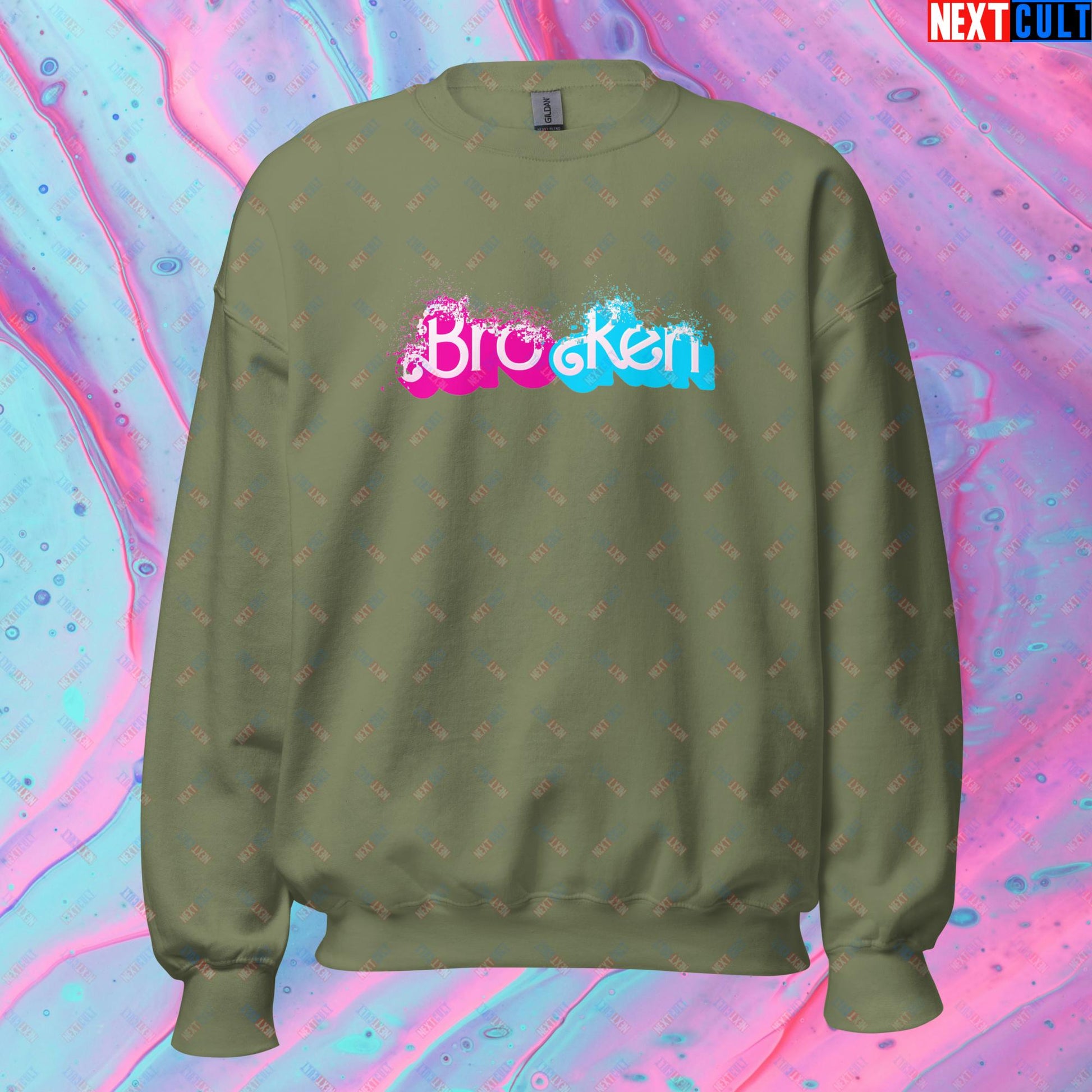 BroKen Funny Ken Barbie Movie Unisex Sweatshirt Military Green Sweatshirts Barbie Ken Movies Next Cult Brand