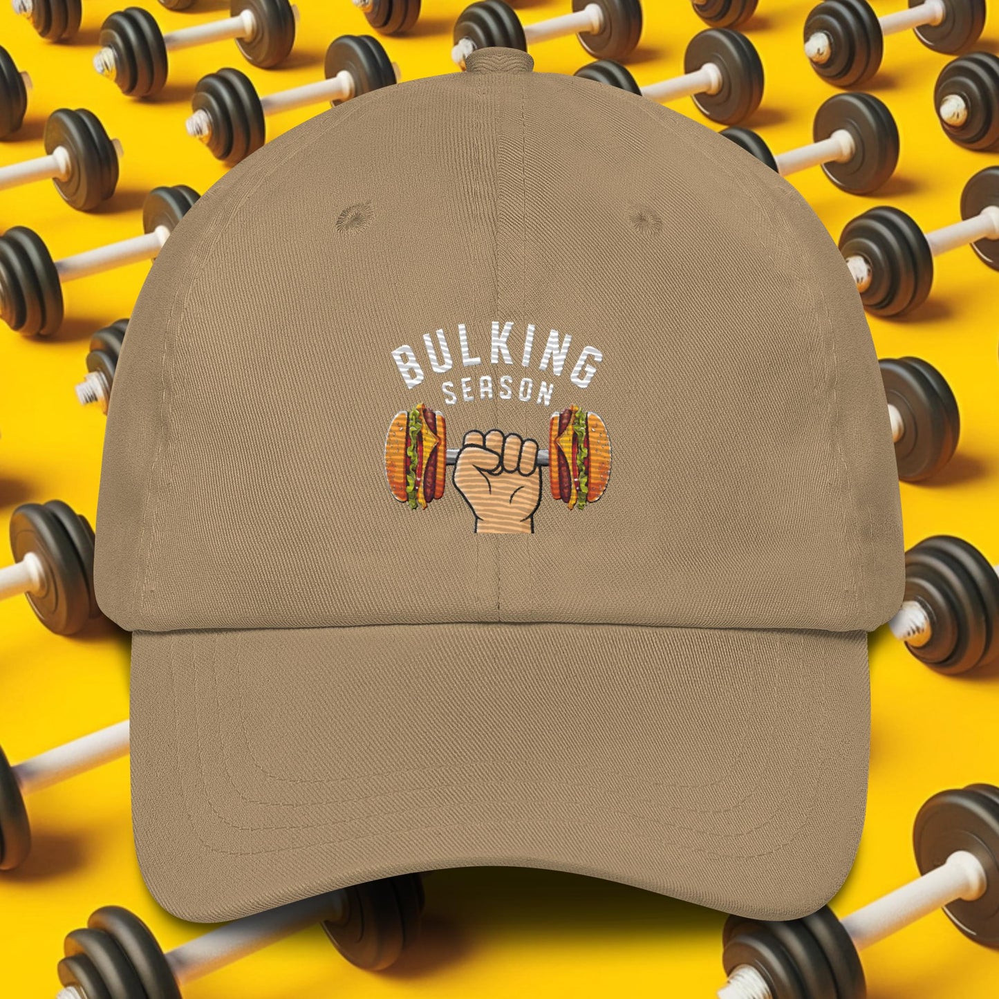 Bulking Season Funny Bulk Diet Gym Workout Fitness Dad hat Khaki Hats Bodybuilding Bulking Burgers Fast Food Fitness Gym Workout Next Cult Brand