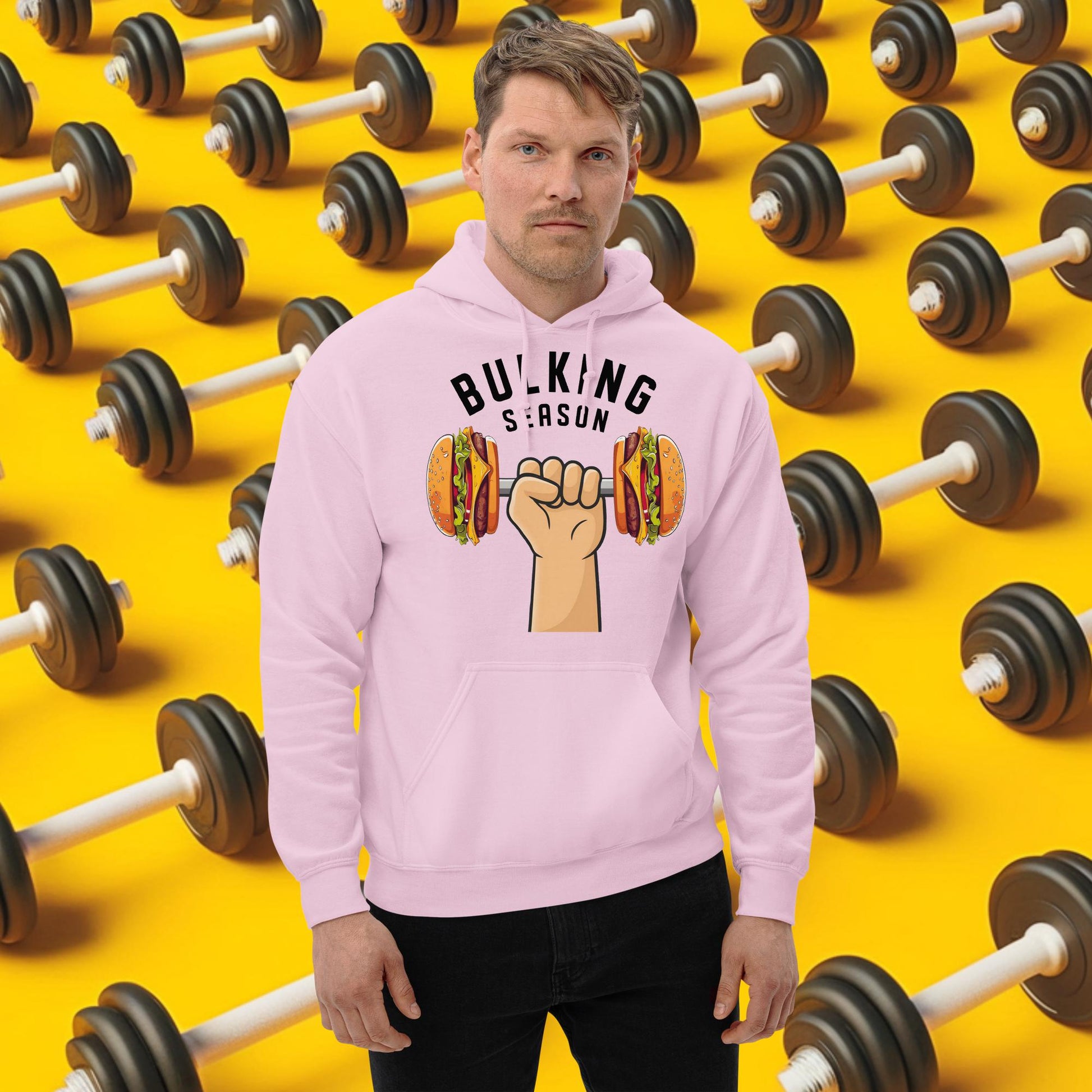 Bulking Season Funny Bulk Diet Gym Workout Fitness Unisex Hoodie Light Pink Hoodies Bodybuilding Bulking Burgers Fast Food Fitness Gym Workout Next Cult Brand