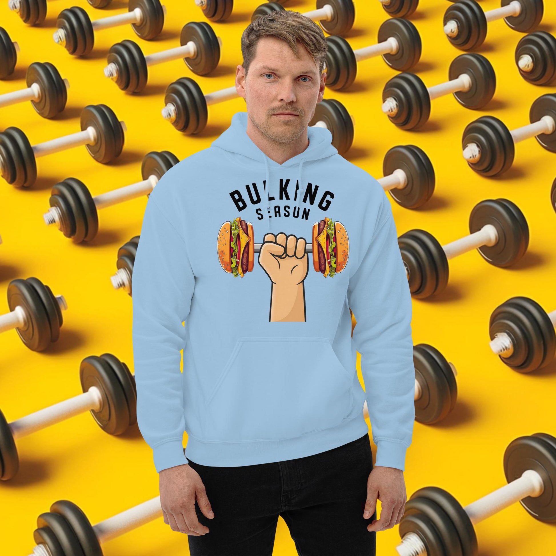 Bulking Season Funny Bulk Diet Gym Workout Fitness Unisex Hoodie Light Blue Hoodies Bodybuilding Bulking Burgers Fast Food Fitness Gym Workout Next Cult Brand