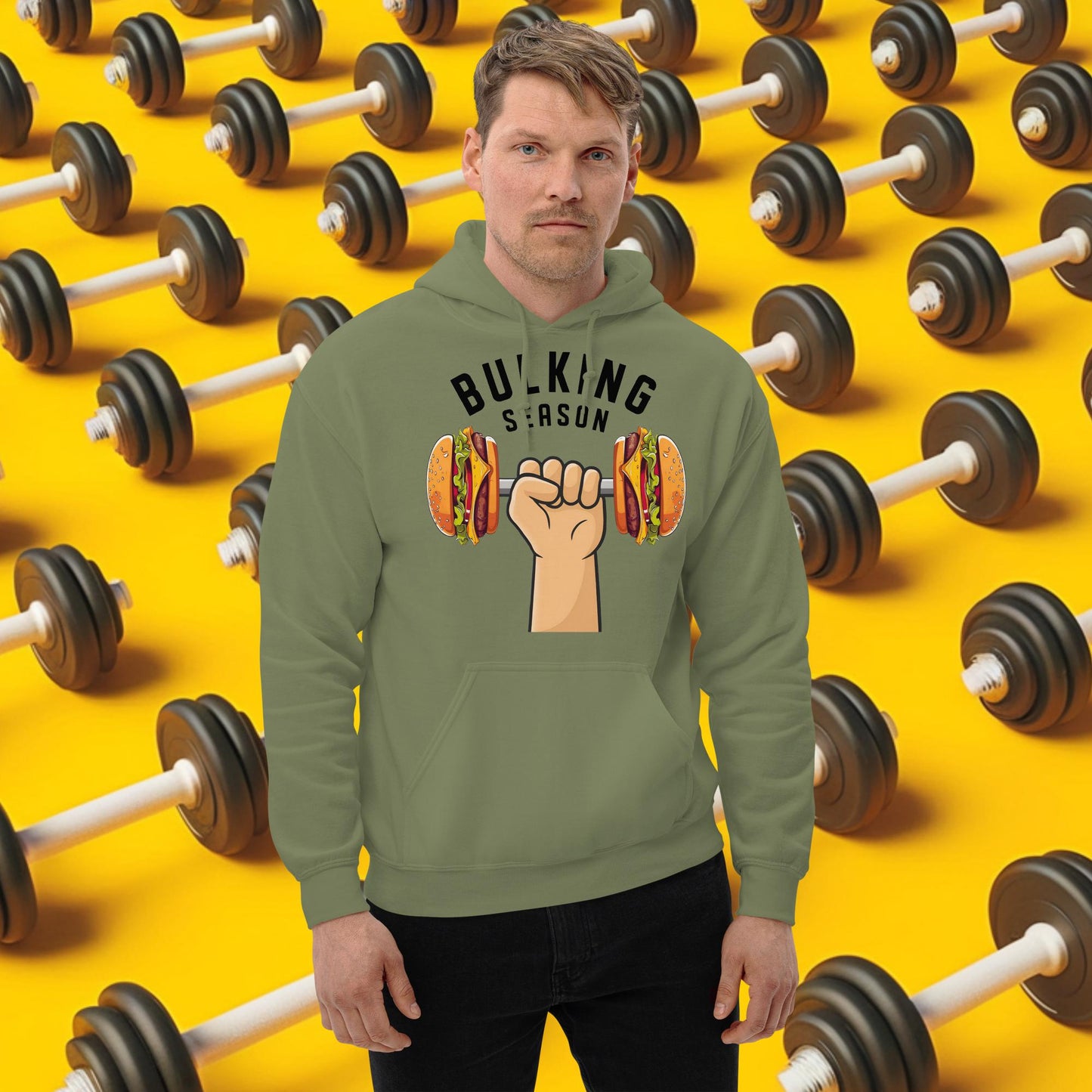 Bulking Season Funny Bulk Diet Gym Workout Fitness Unisex Hoodie Military Green Hoodies Bodybuilding Bulking Burgers Fast Food Fitness Gym Workout Next Cult Brand