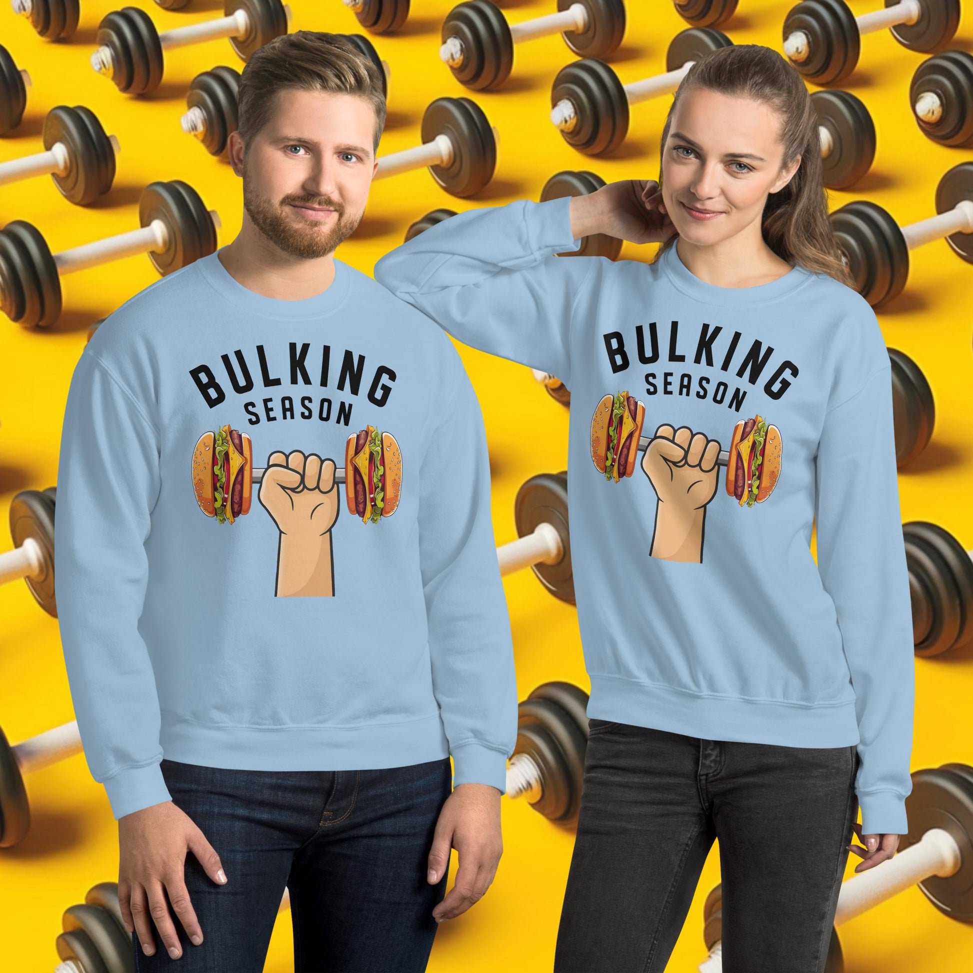 Bulking Season Funny Bulk Diet Gym Workout Fitness Unisex Sweatshirt Light Blue Sweatshirts Bodybuilding Bulking Burgers Fast Food Fitness Gym Workout Next Cult Brand