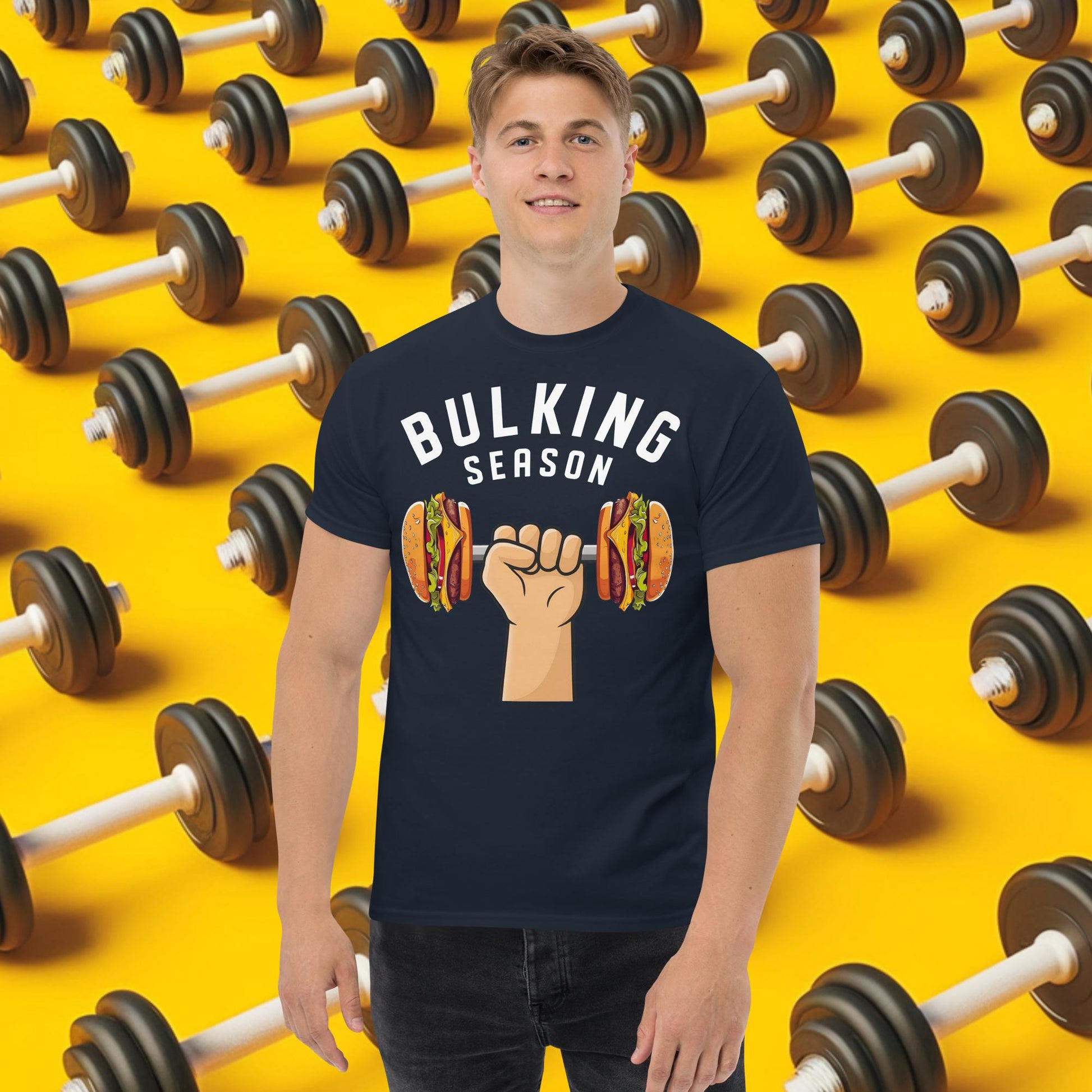 Bulking Season Funny Bulk Diet Gym Workout Fitness tee Navy T-shirts Bodybuilding Bulking Burgers Fast Food Fitness Gym Workout Next Cult Brand