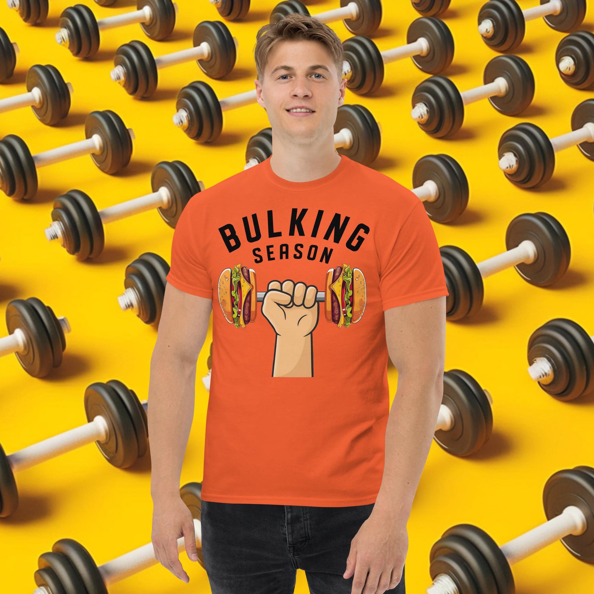 Bulking Season Funny Bulk Diet Gym Workout Fitness tee Orange T-shirts Bodybuilding Bulking Burgers Fast Food Fitness Gym Workout Next Cult Brand