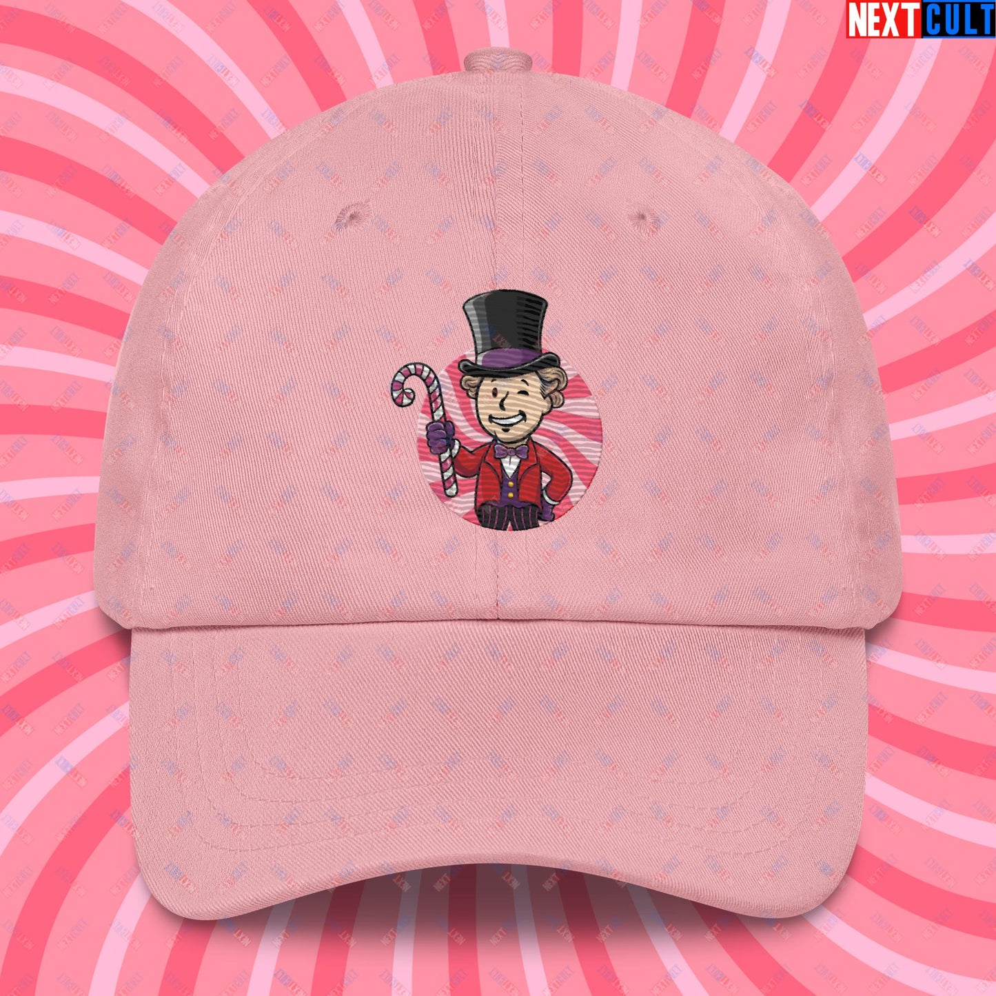 Candy Boy Willy Wonka Vault Boy Fallout Funny Meme Cartoon Mashup Dad hat Pink Hats Fallout Movies Vault Boy Willy Wonka Next Cult Brand